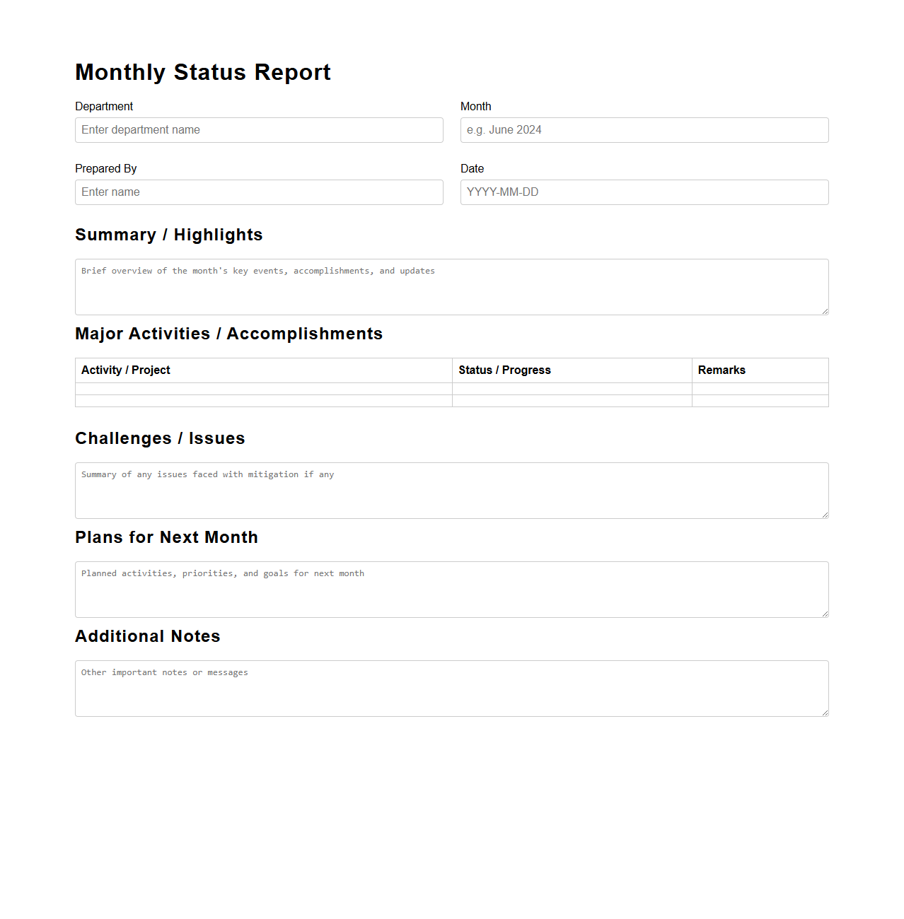 Blank Monthly Status Report for Departments