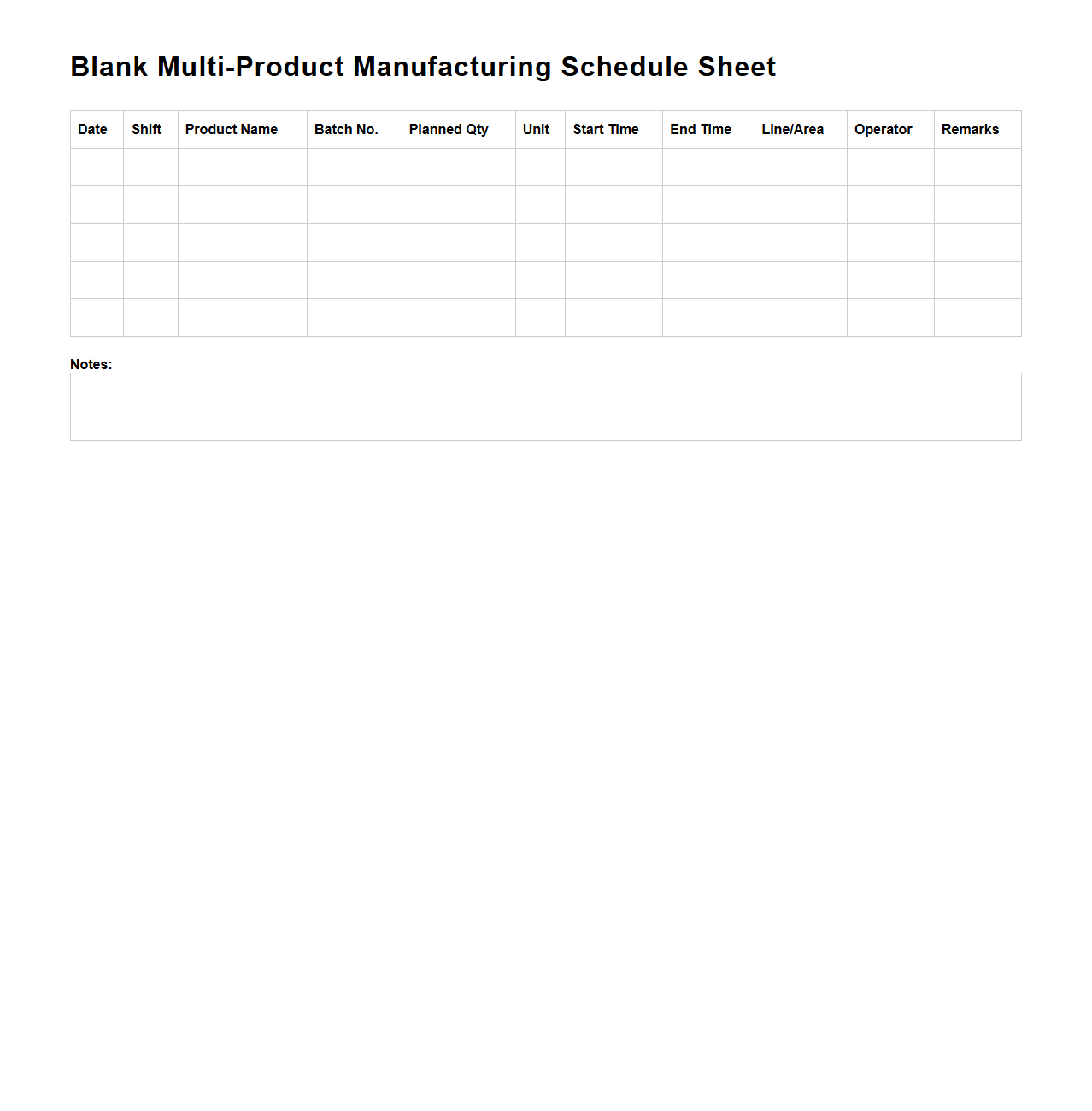 Blank Multi-Product Manufacturing Schedule Sheet