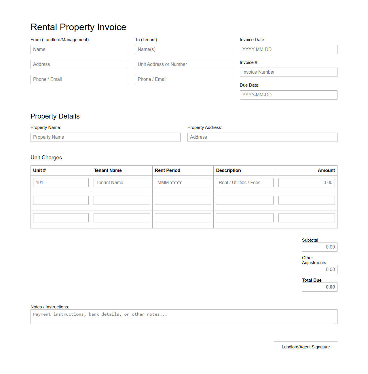 Blank Multi-Unit Rental Property Invoice Template