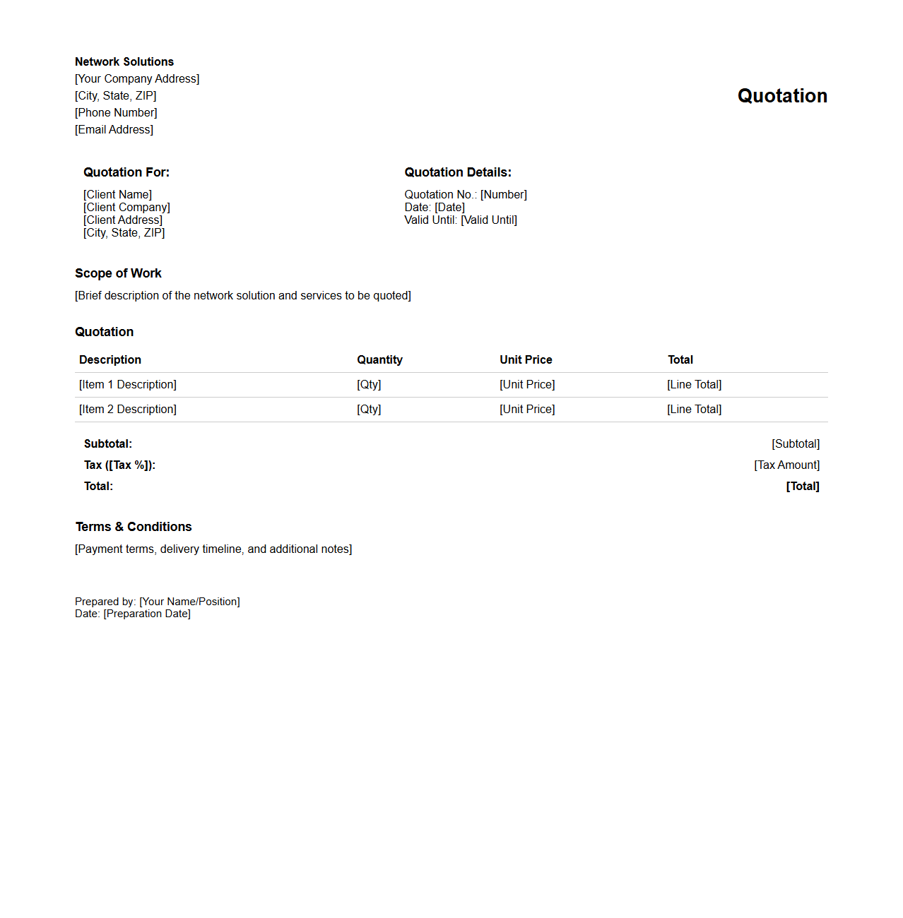Blank Network Solutions Quotation Template