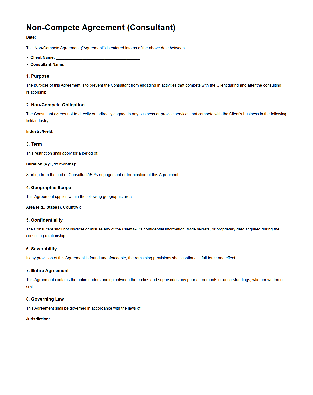 Blank Non-Compete Agreement Template for Consultants