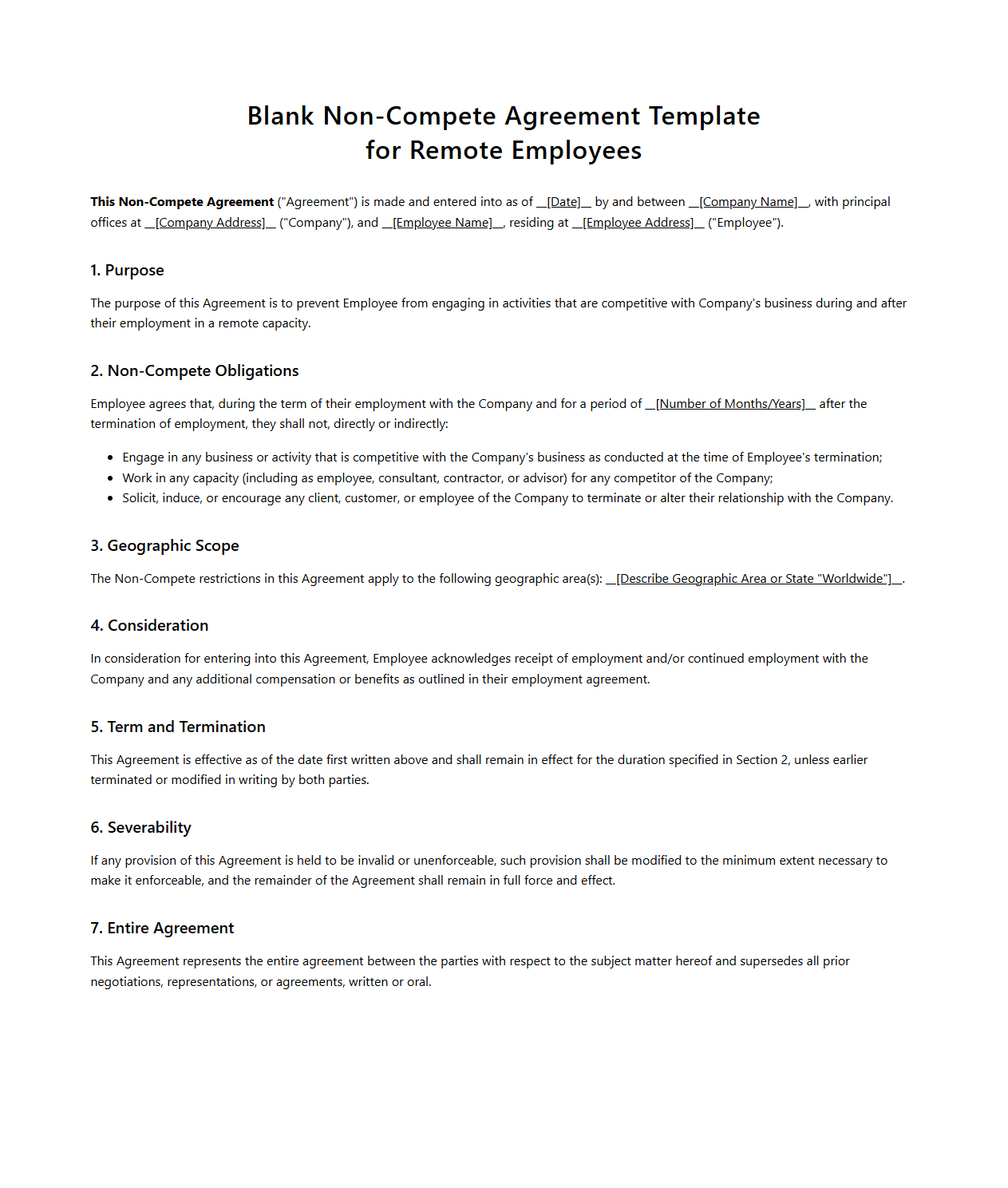 Blank Non-Compete Agreement Template for Remote Employees