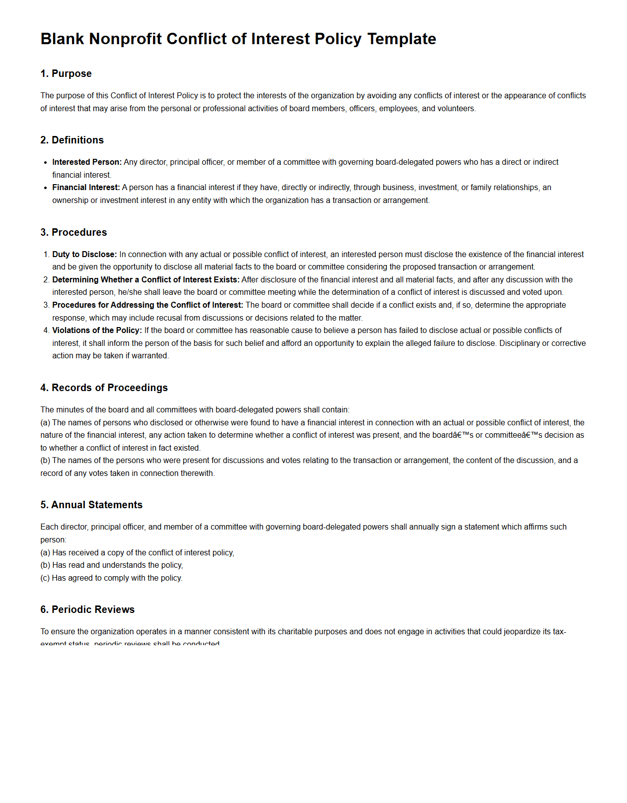 Blank Nonprofit Conflict of Interest Policy Template