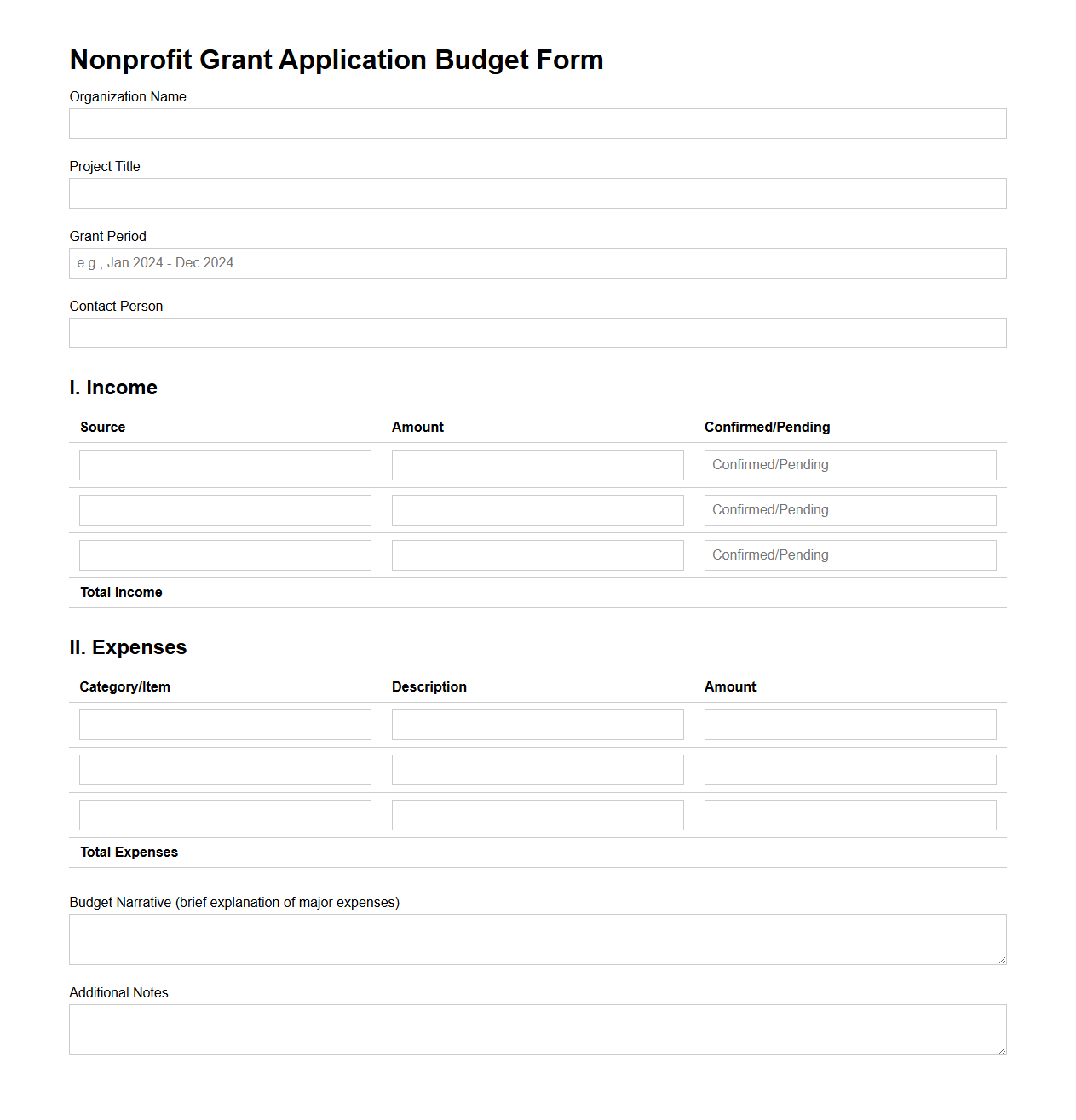 Blank Nonprofit Grant Application Budget Form