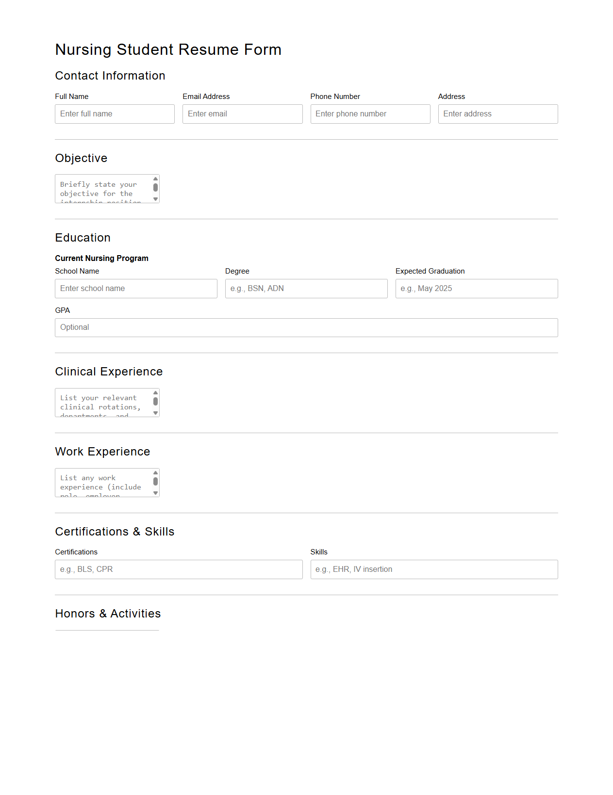 Blank Nursing Student Resume Form for Internship Opportunities