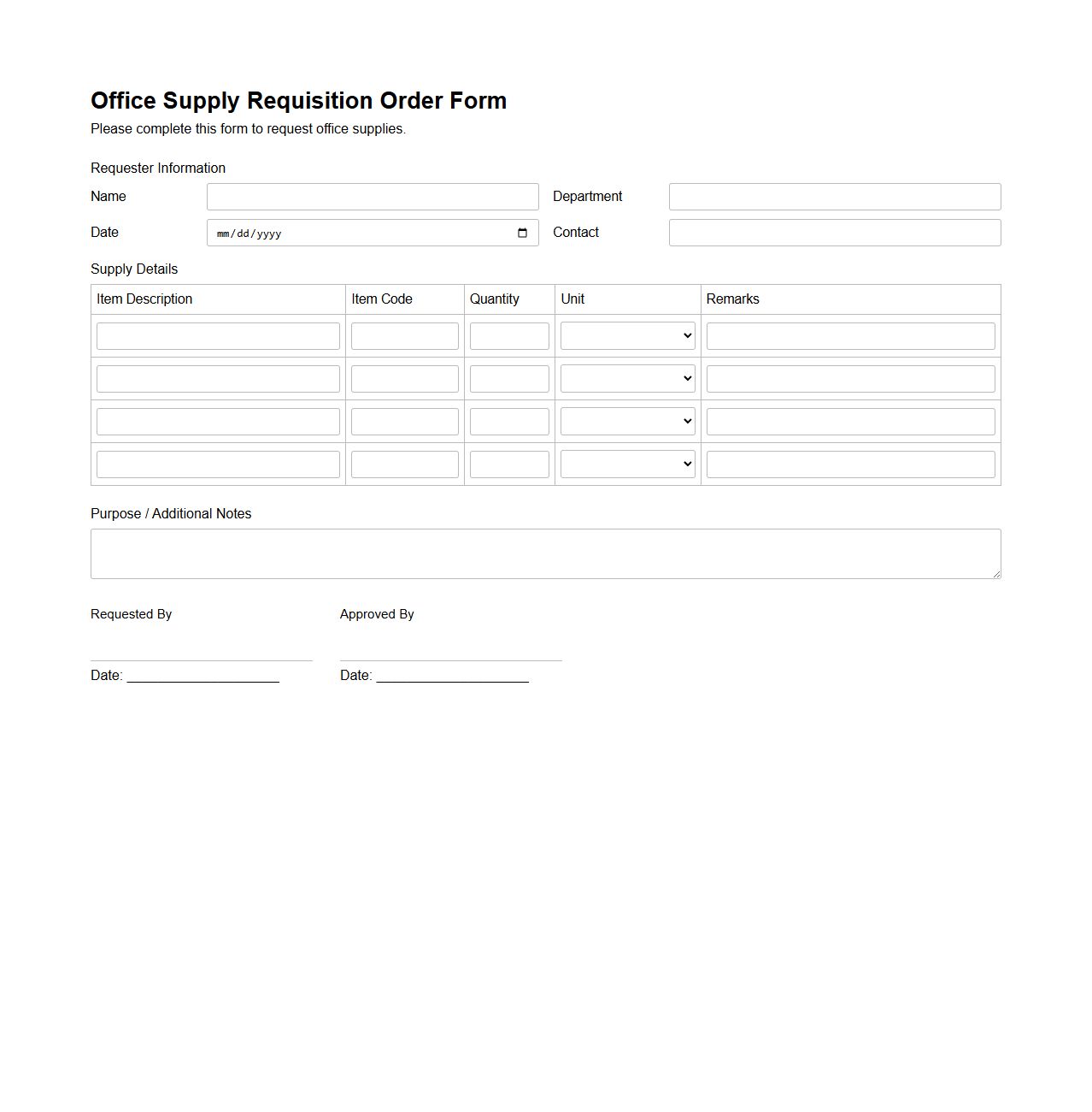 Blank Office Supply Requisition Order Form
