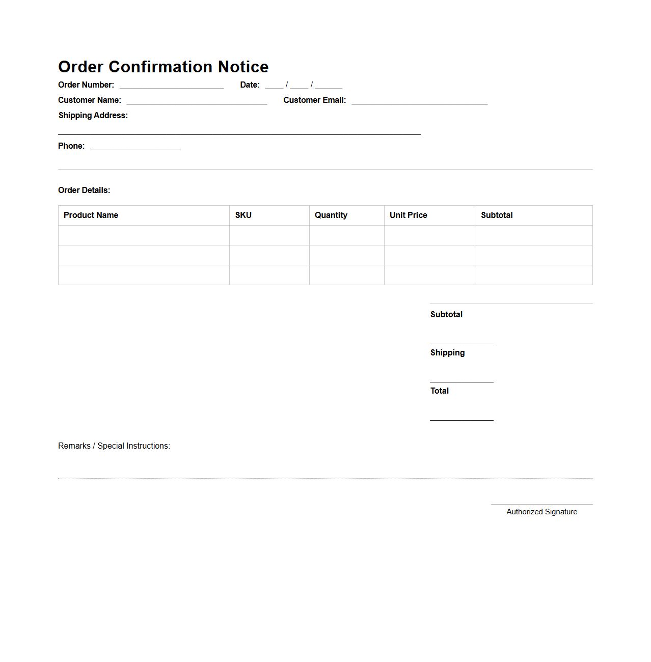 Blank Order Confirmation Notice