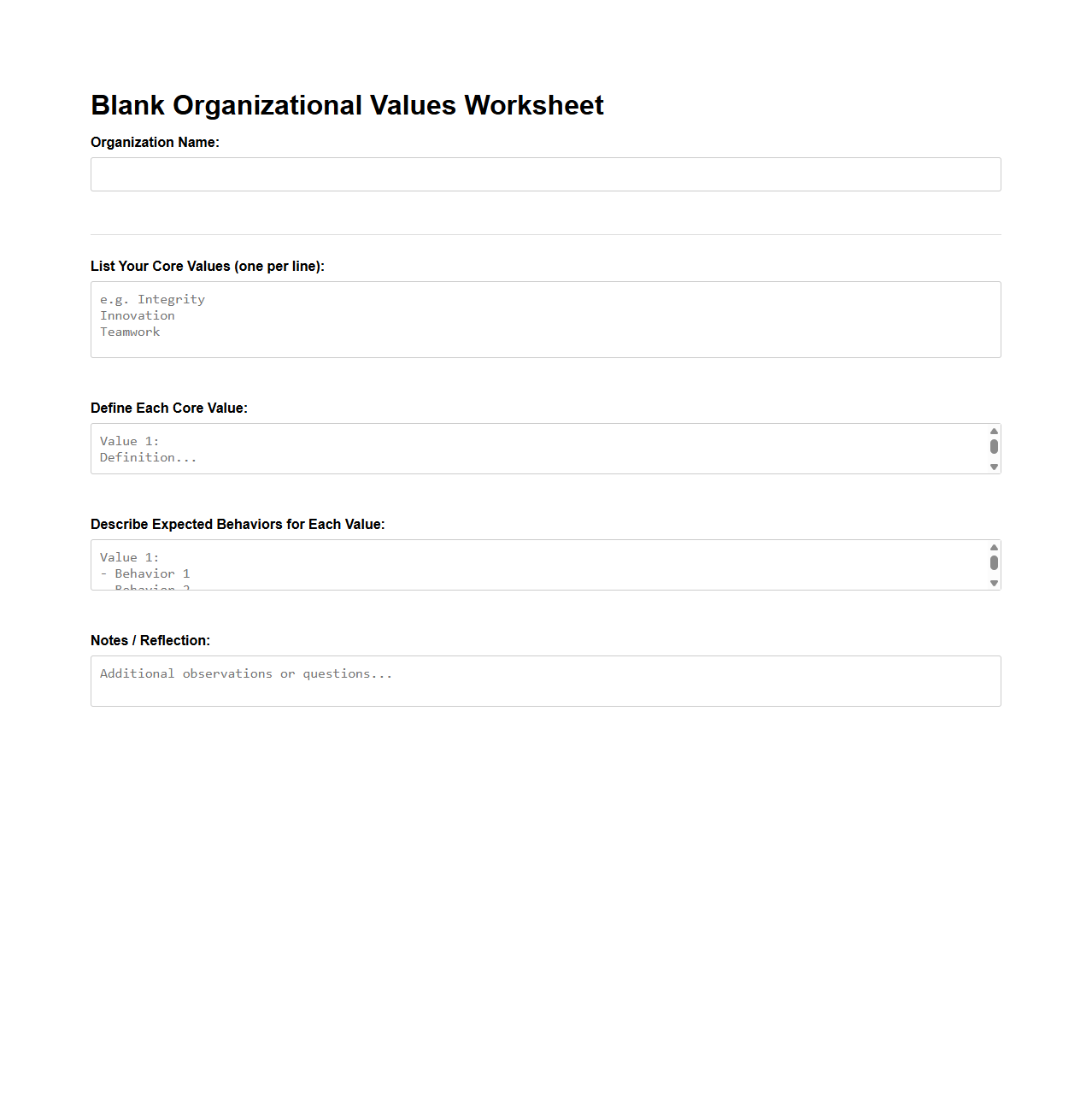 Blank Organizational Values Worksheet