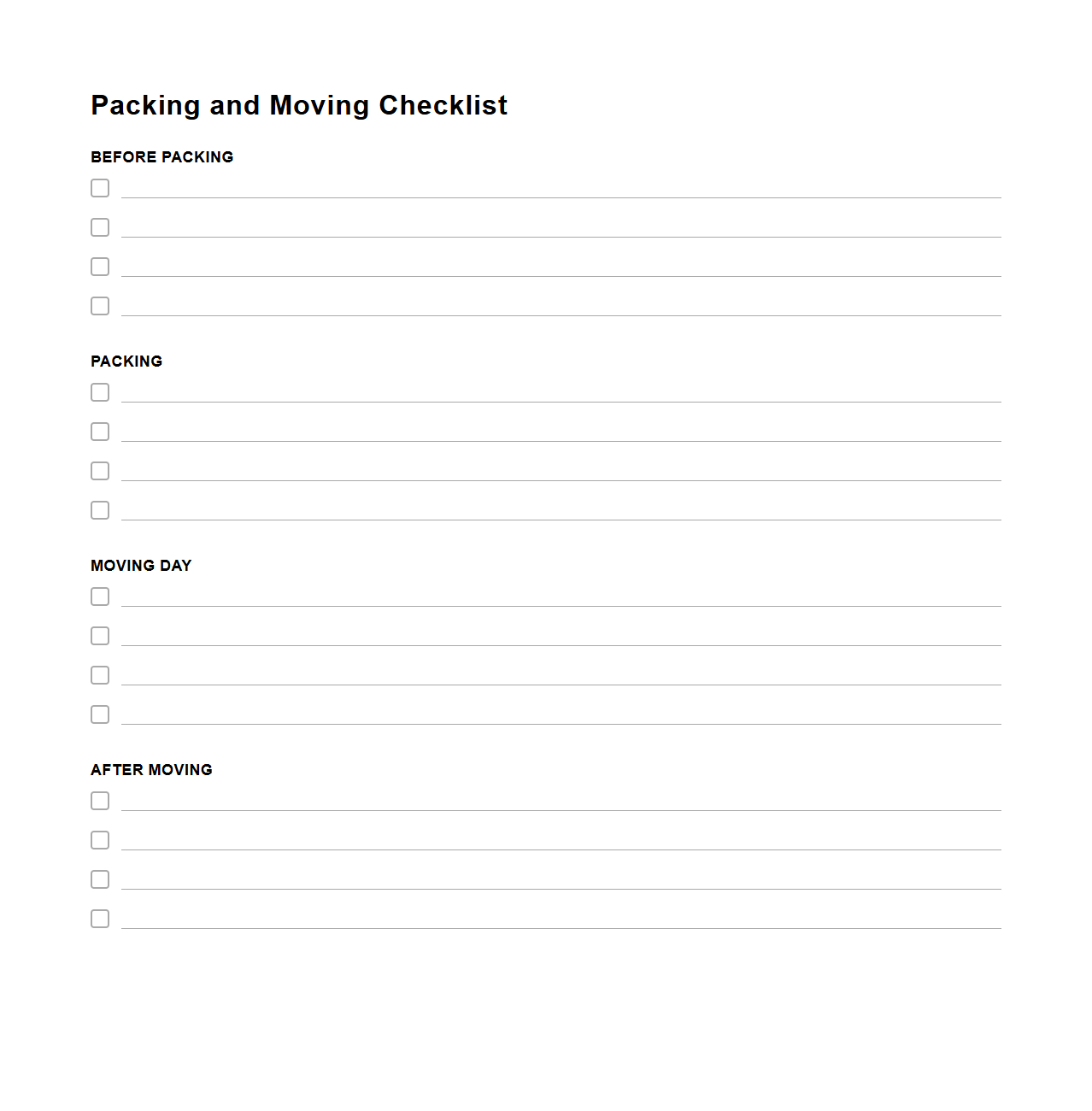 Blank Packing and Moving Checklist