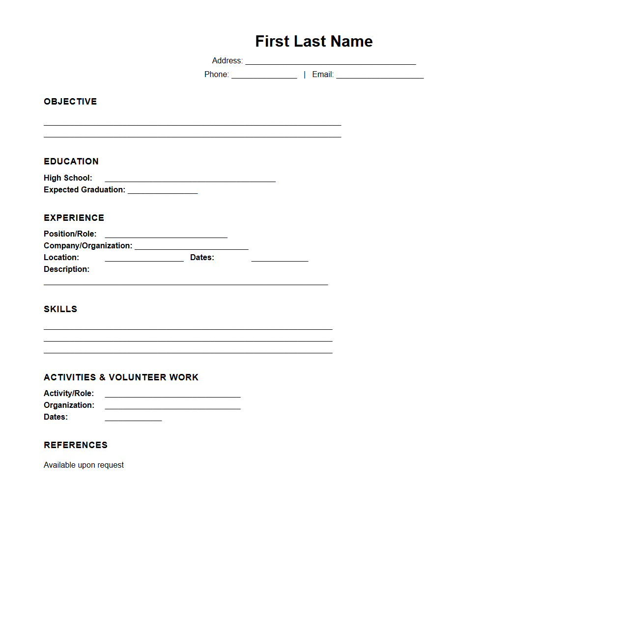 Blank Part-Time Resume Template for High School Students