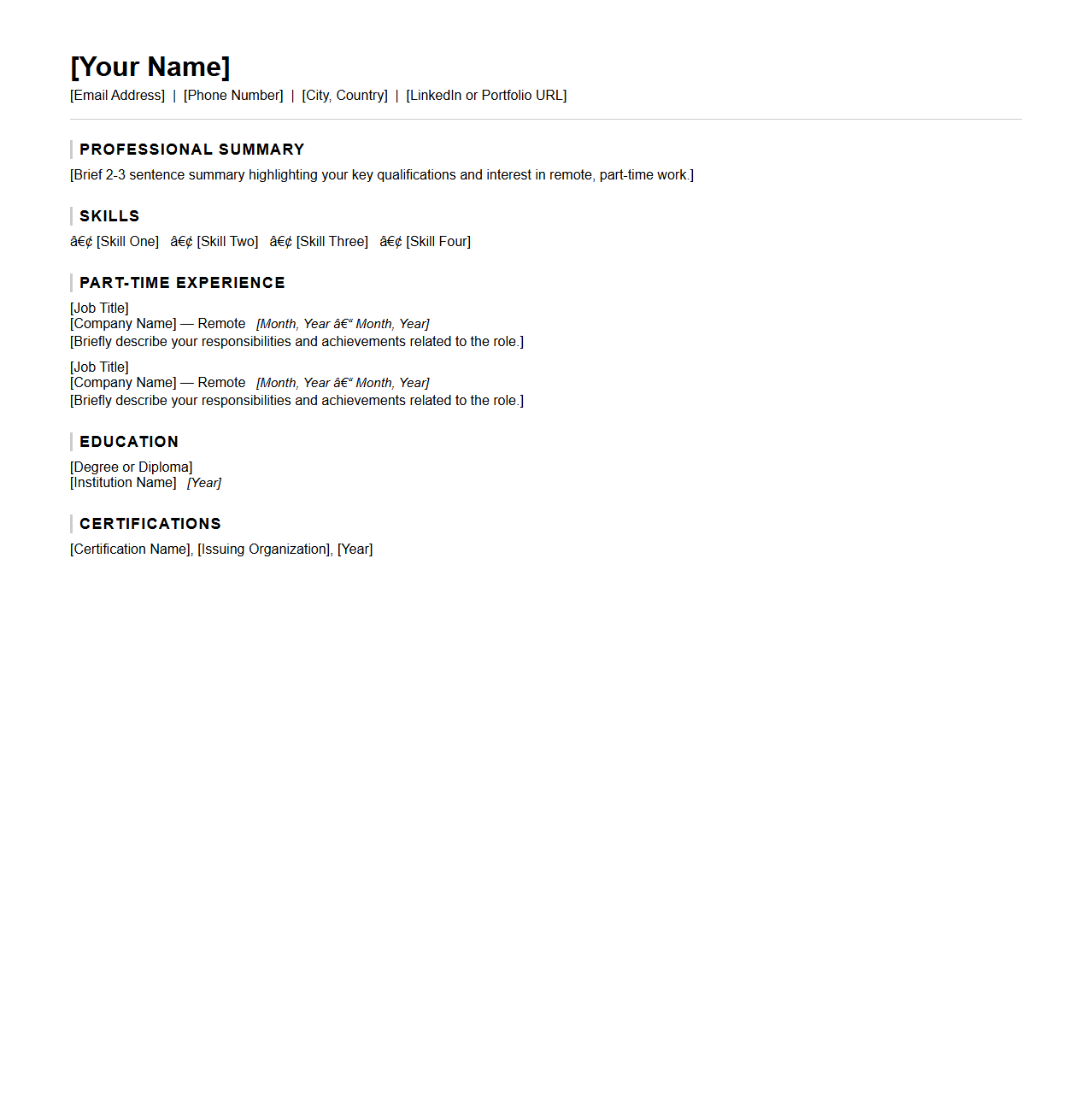 Blank Part-Time Resume Template for Remote Work