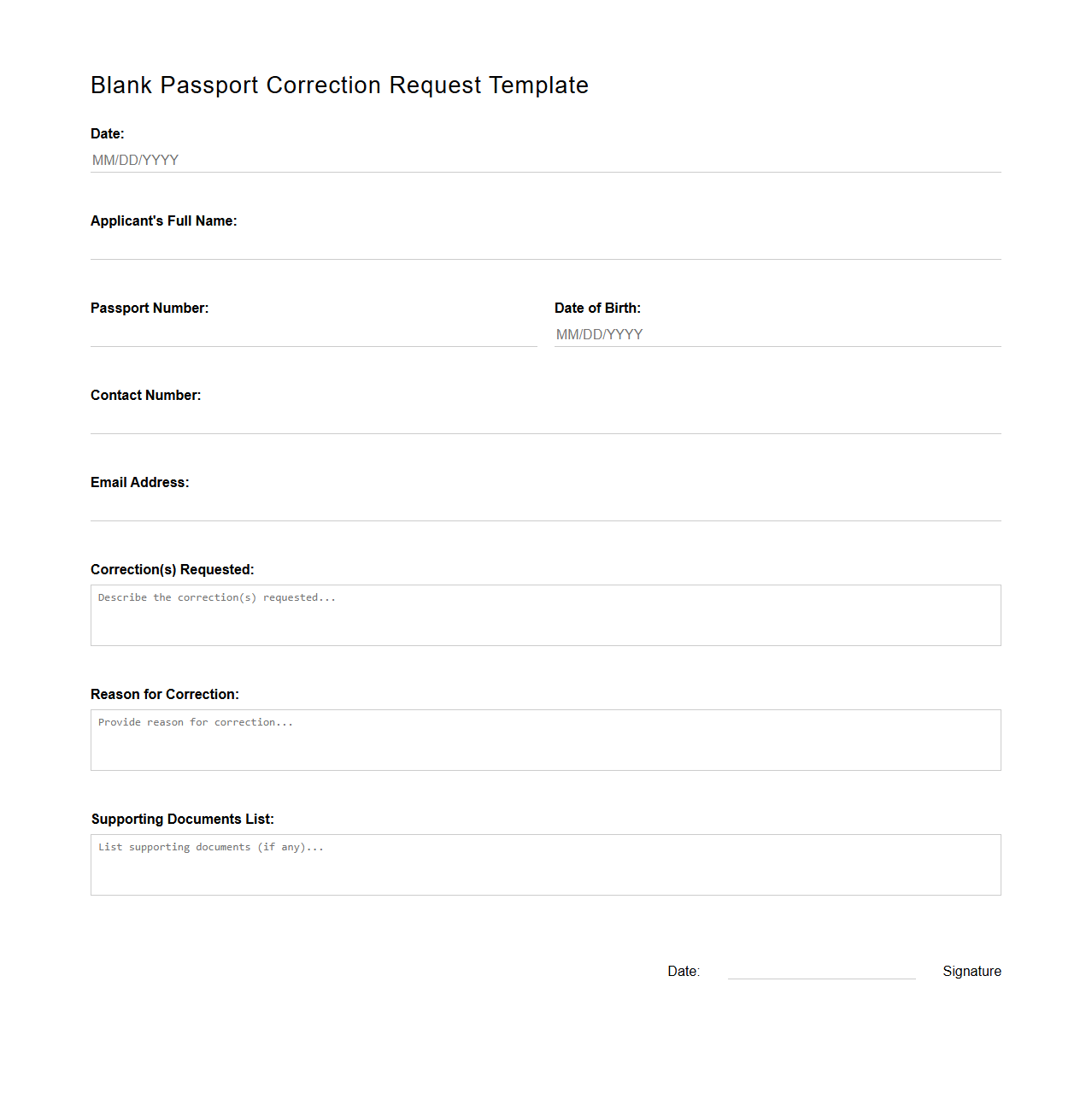 Blank Passport Correction Request Template