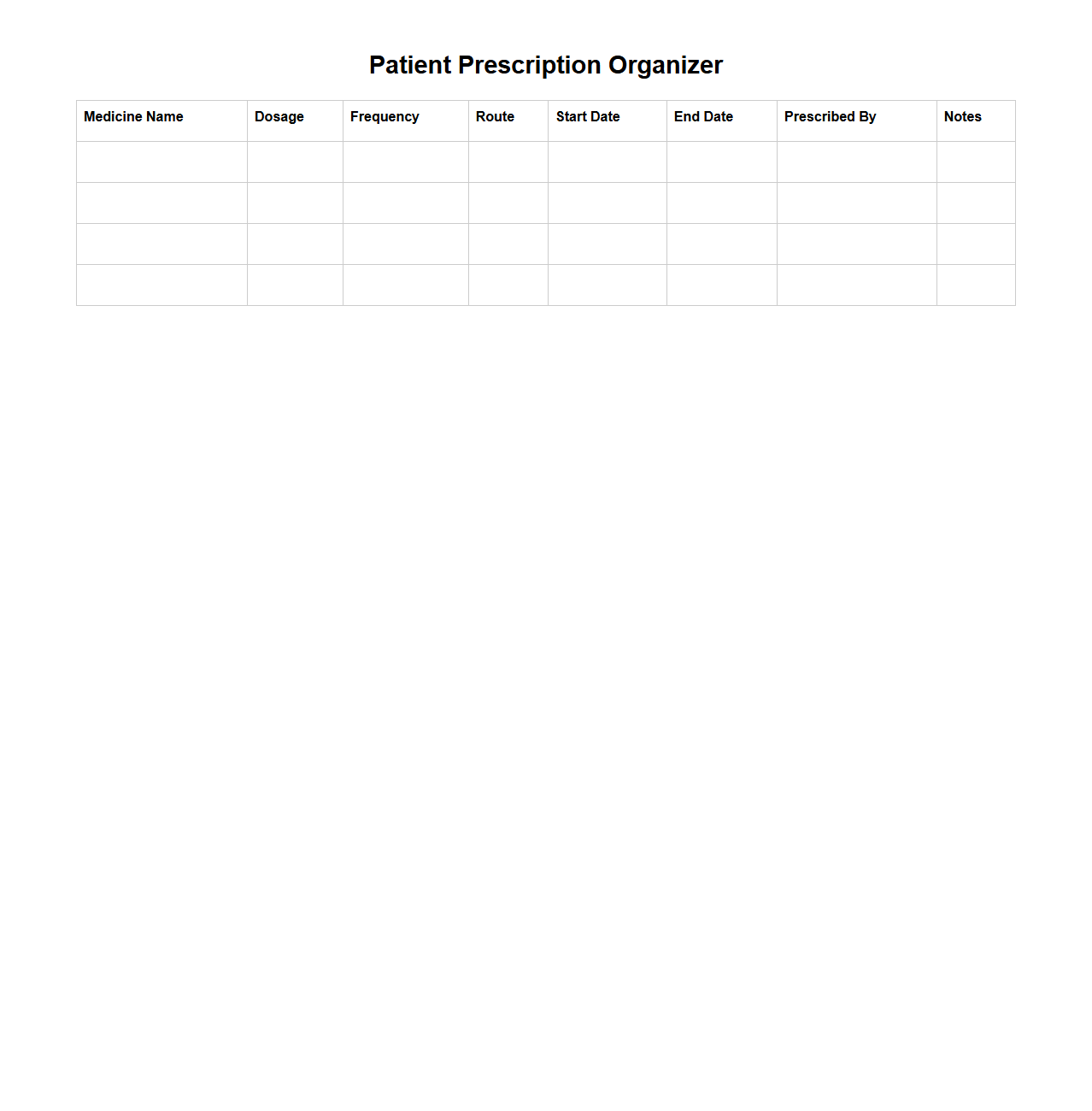 Blank Patient Prescription Organizer Table