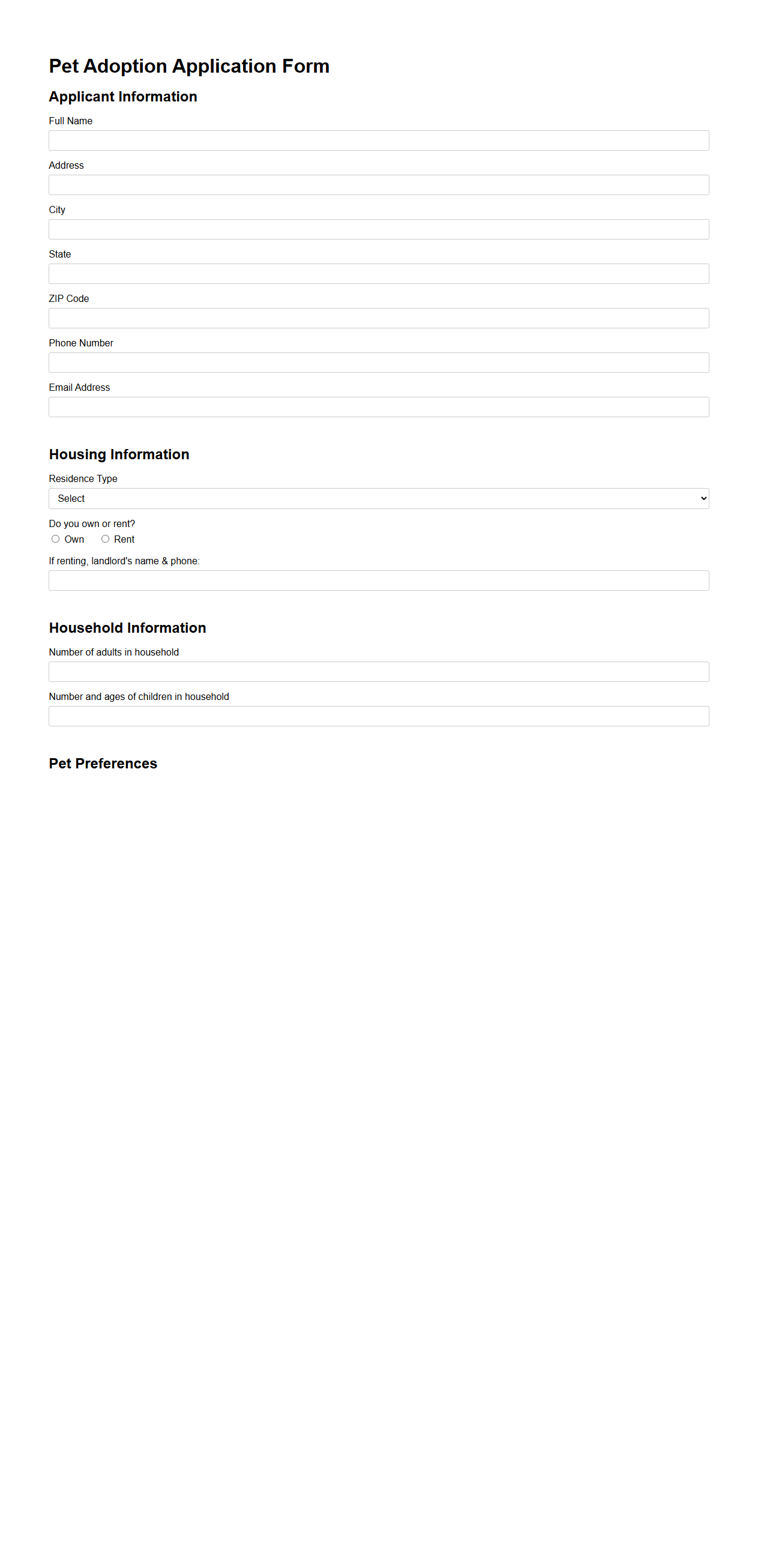 Blank Pet Adoption Application Form for Animal Shelters