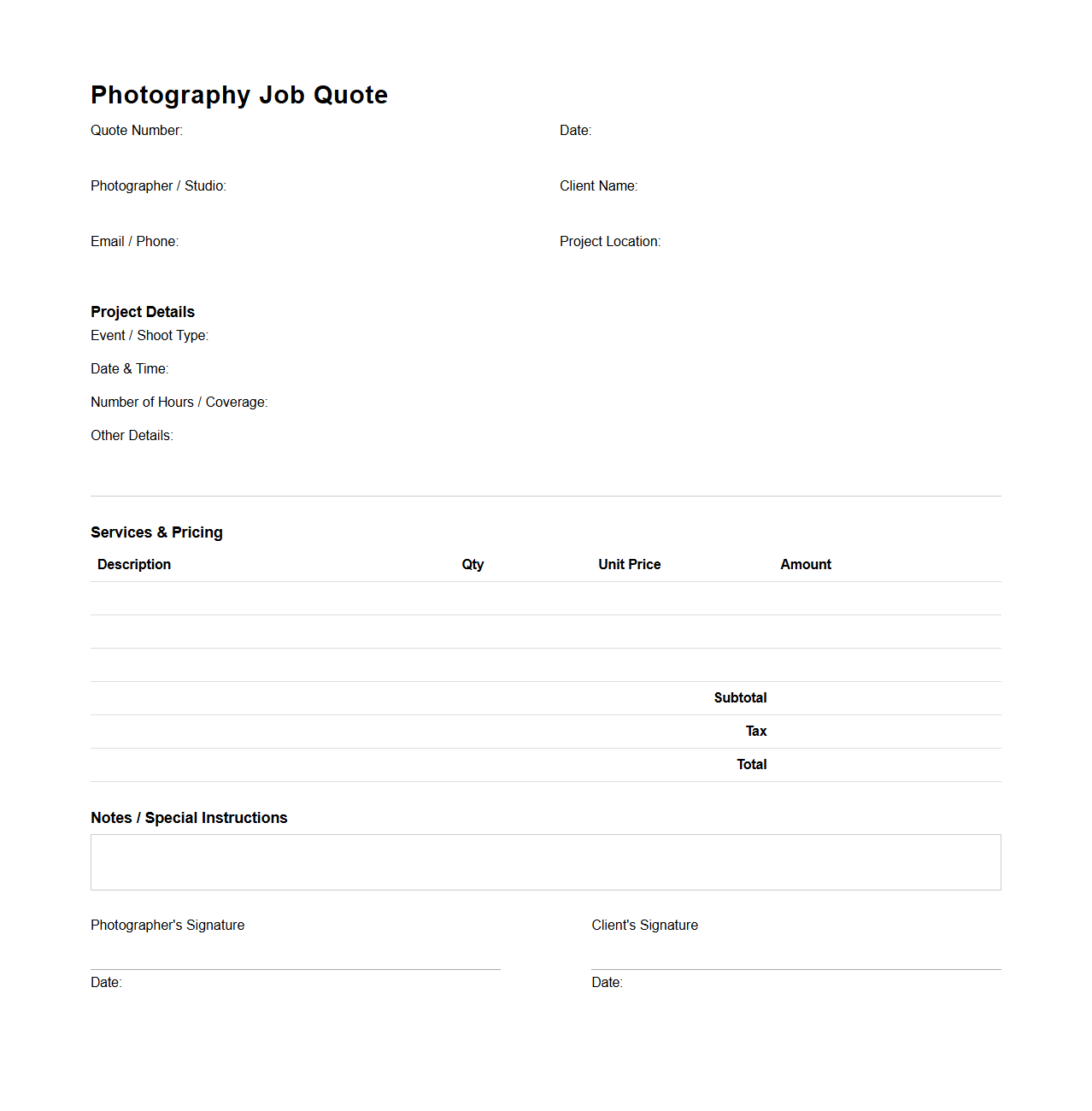 Blank Photography Job Quote Template