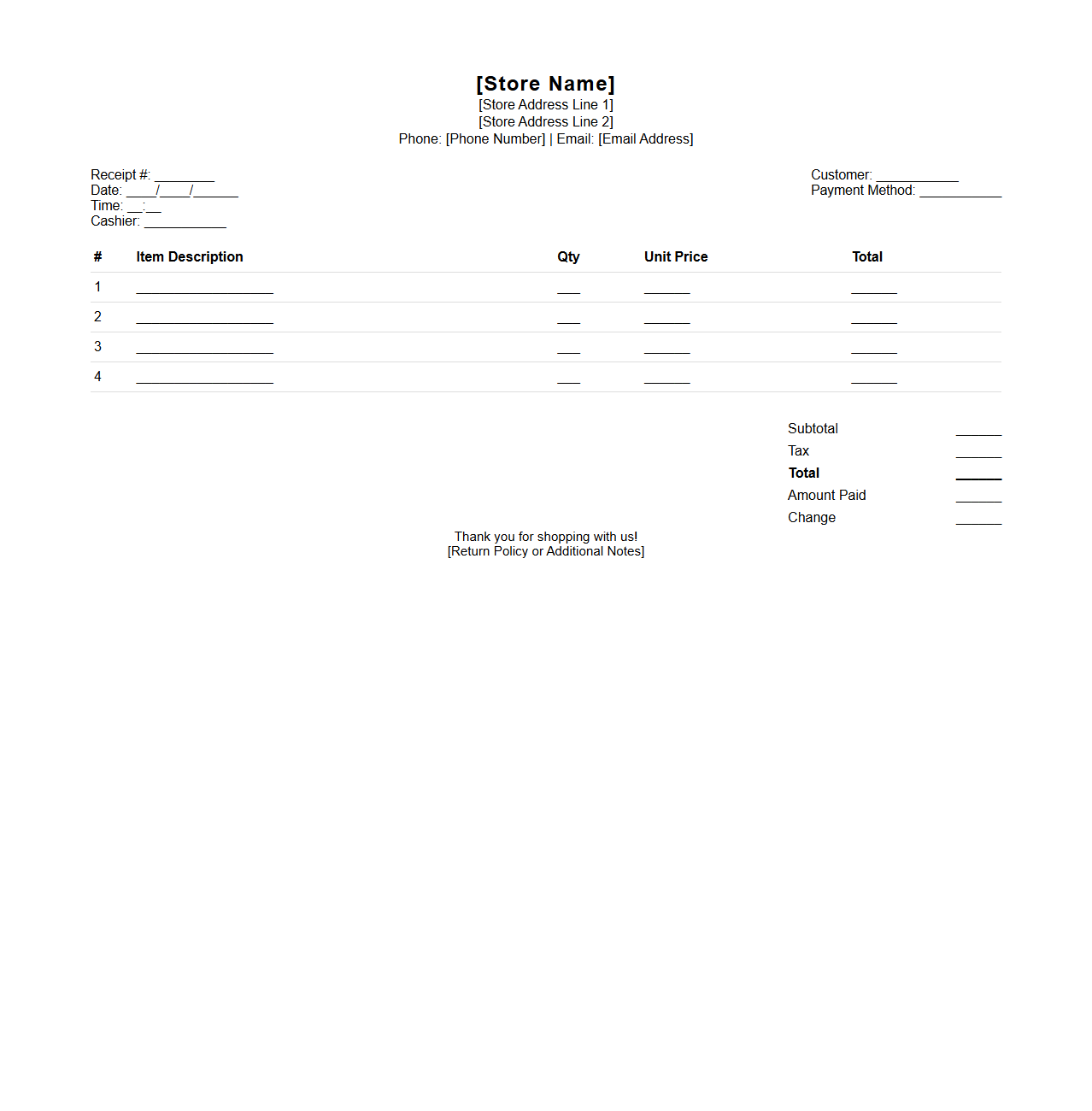 Blank POS Sales Receipt for Retail Stores