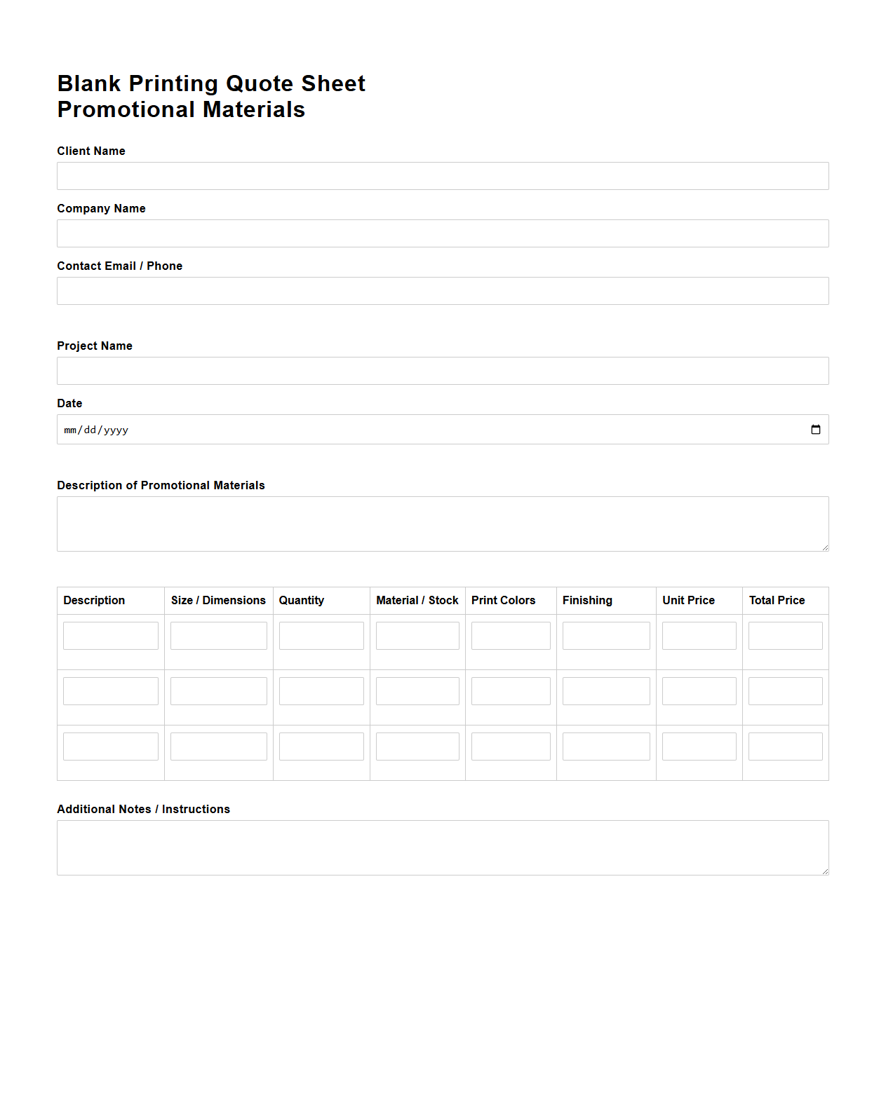 Blank Printing Quote Sheet for Promotional Materials