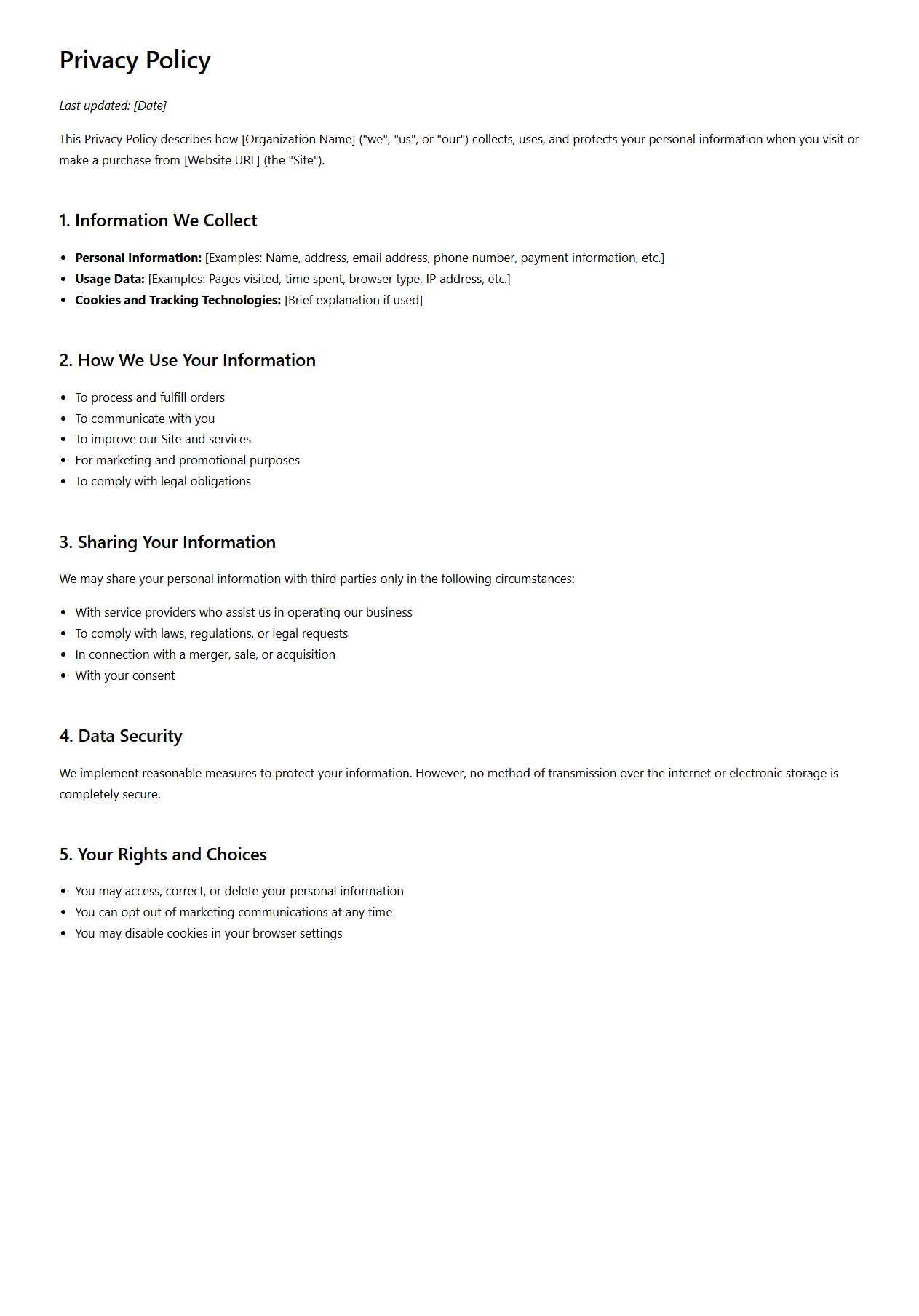 Blank Privacy Policy Template for E-commerce Organizations