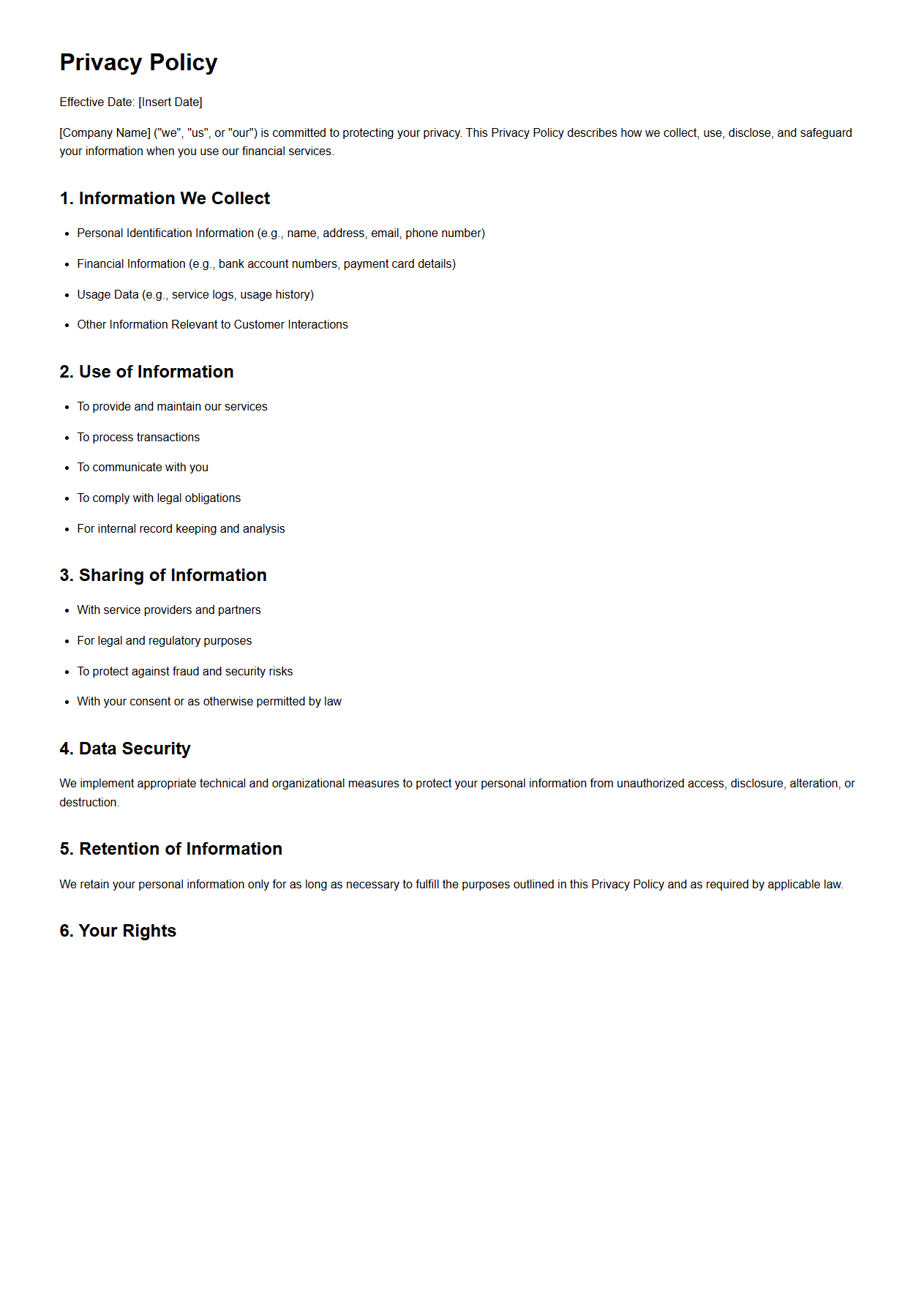 Blank Privacy Policy Template for Financial Service Providers