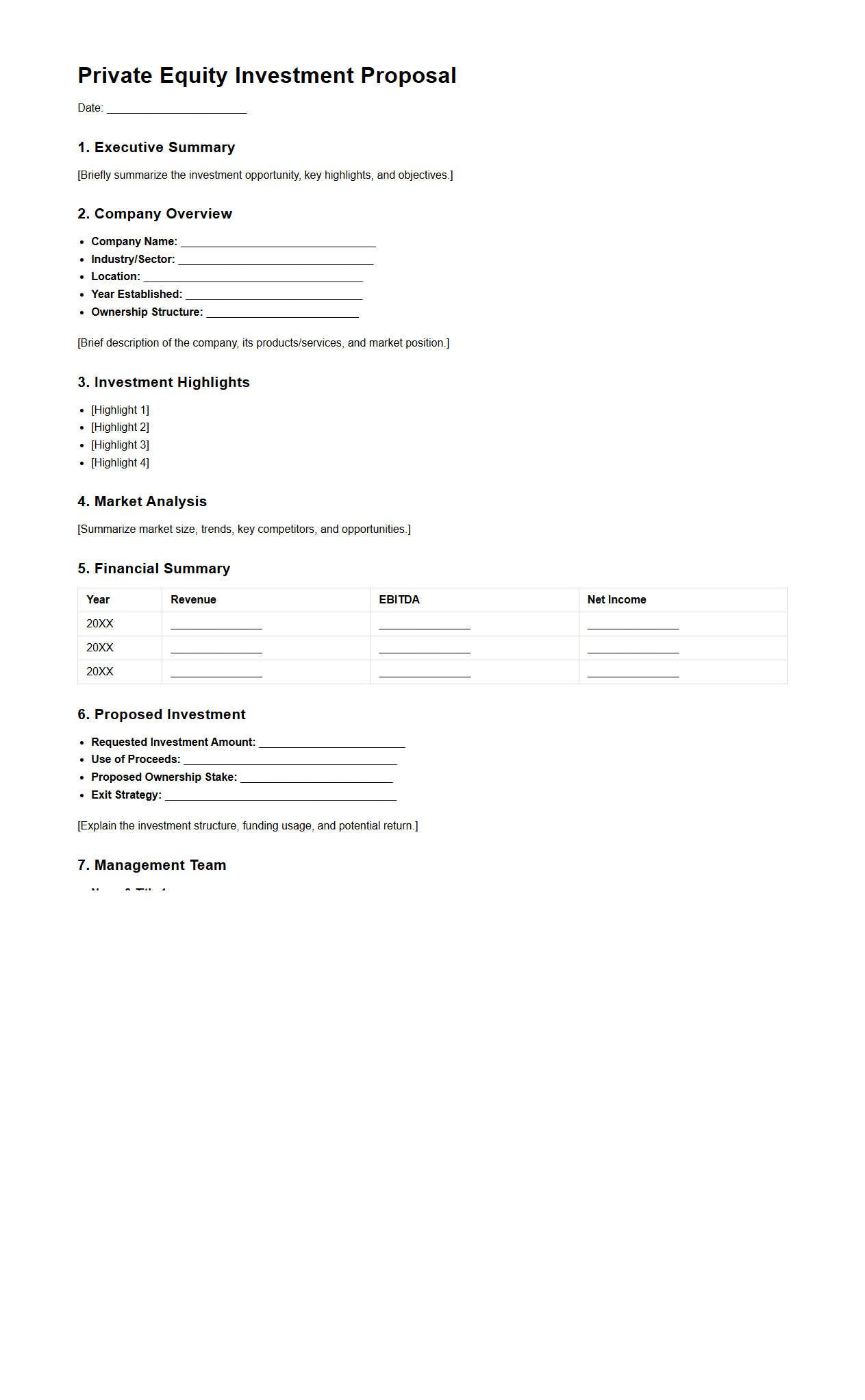 Blank Private Equity Investment Proposal Example