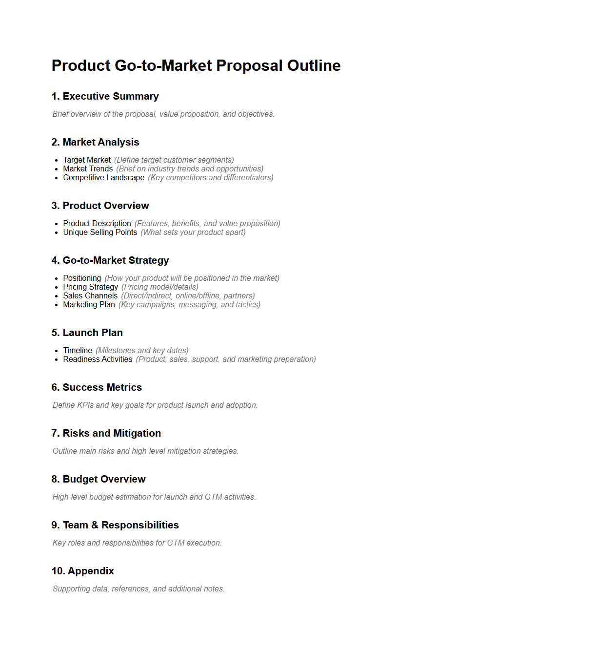 Blank Product Go-to-Market Proposal Outline