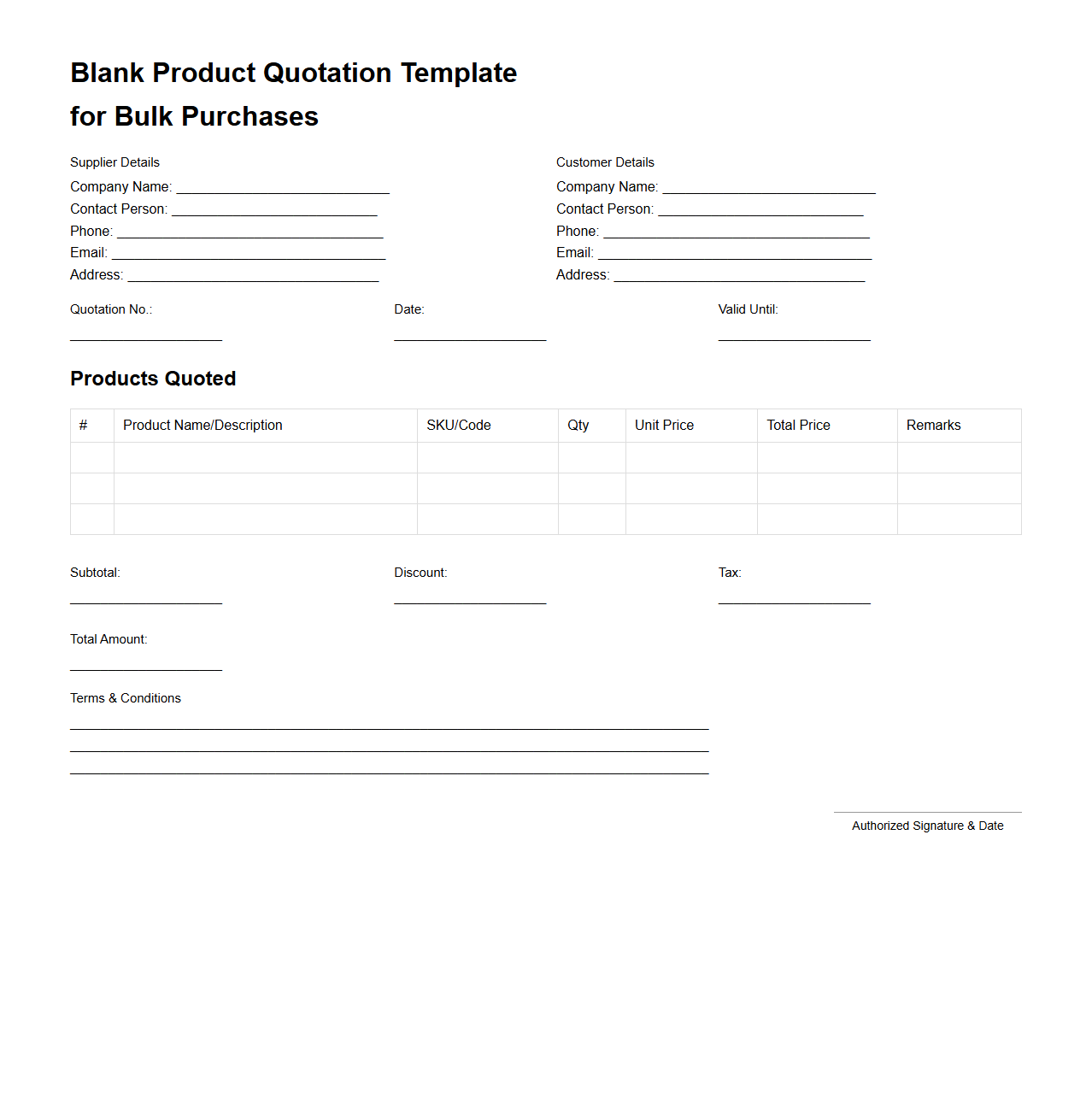 Blank Product Quotation Template for Bulk Purchases