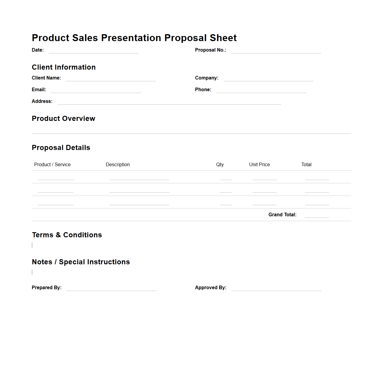 Blank Product Sales Presentation Proposal Sheet