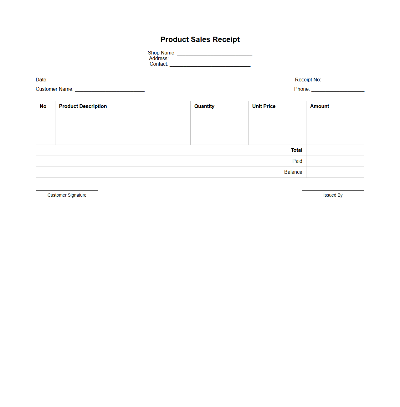 Blank Product Sales Receipt for Shops