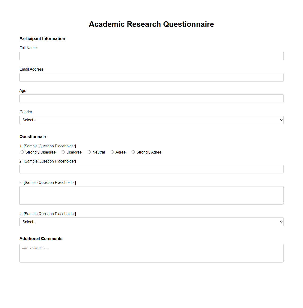 Blank Questionnaire Template for Academic Research