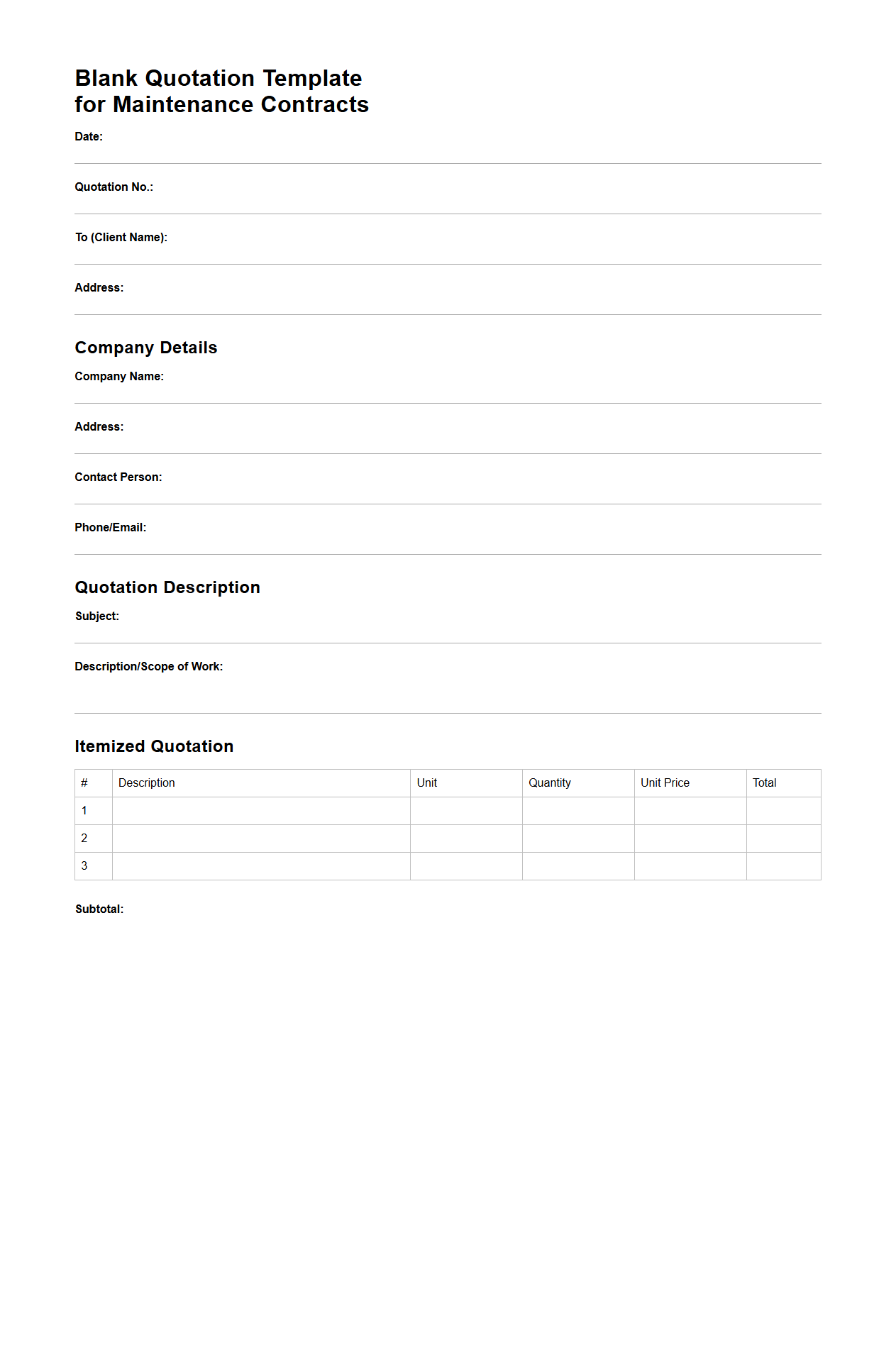 Blank Quotation Template for Maintenance Contracts