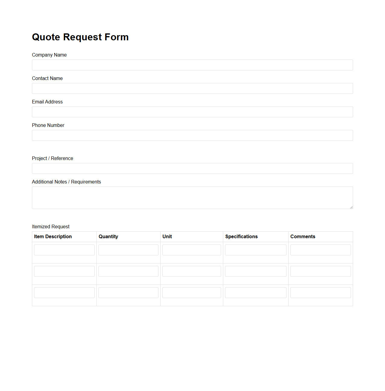 Blank Quote Request Template with Itemized Fields