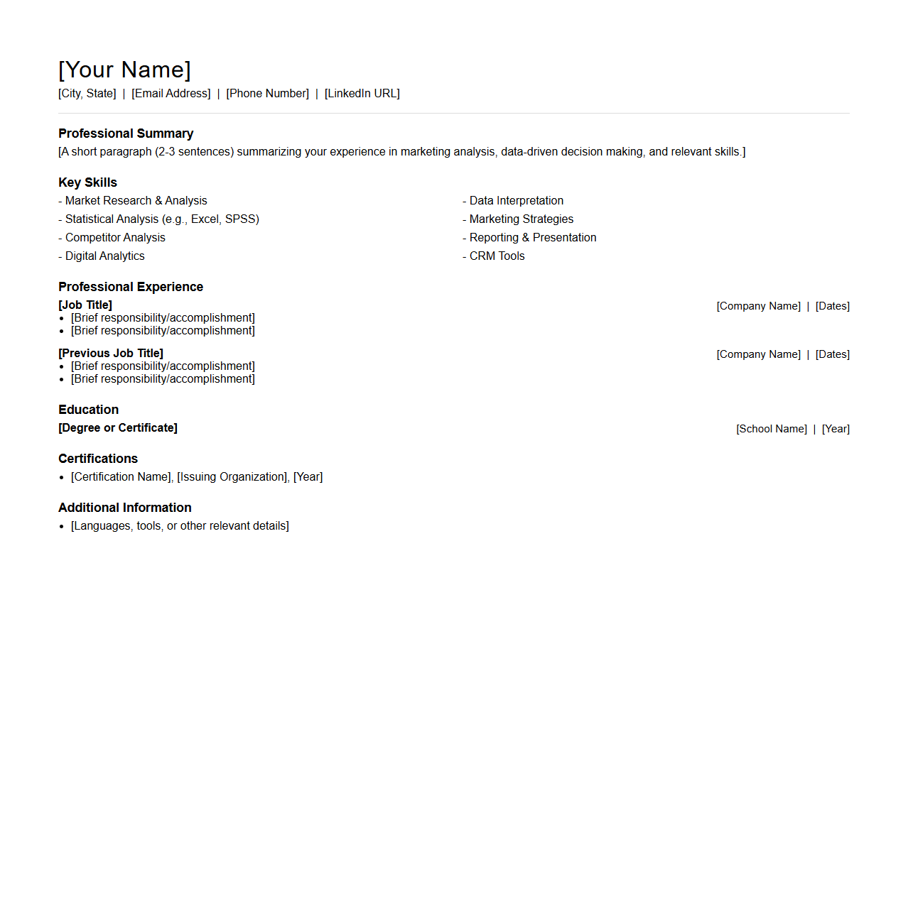 Blank Résumé Example for Marketing Analysts