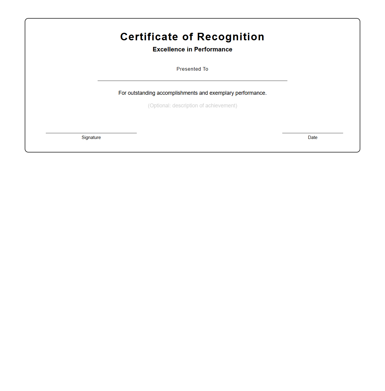 Blank Recognition of Excellence in Performance Certificate Template