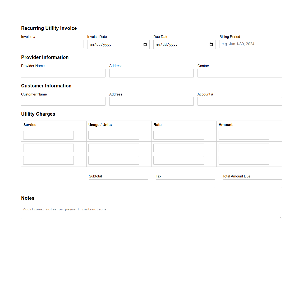 Blank Recurring Utility Invoice Form