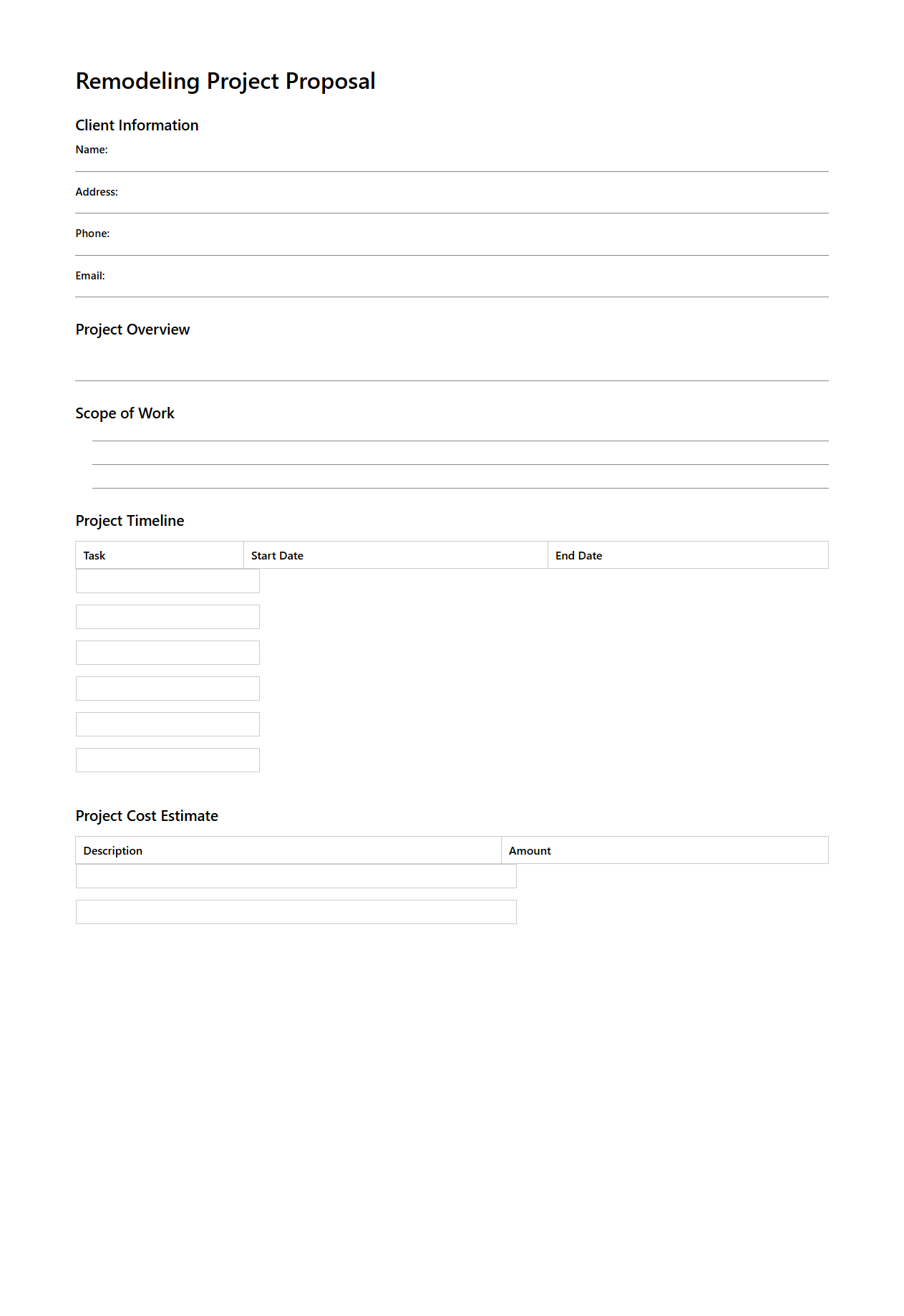 Blank Remodeling Project Proposal Template