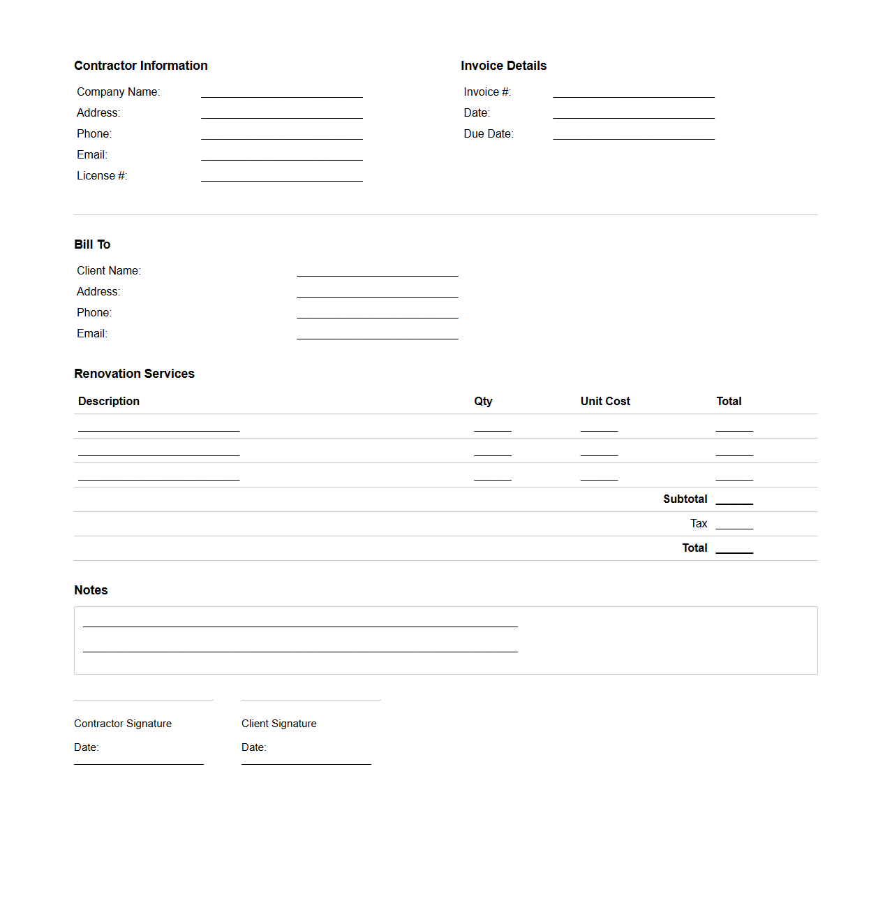 Blank Renovation Invoice Template for Contractors