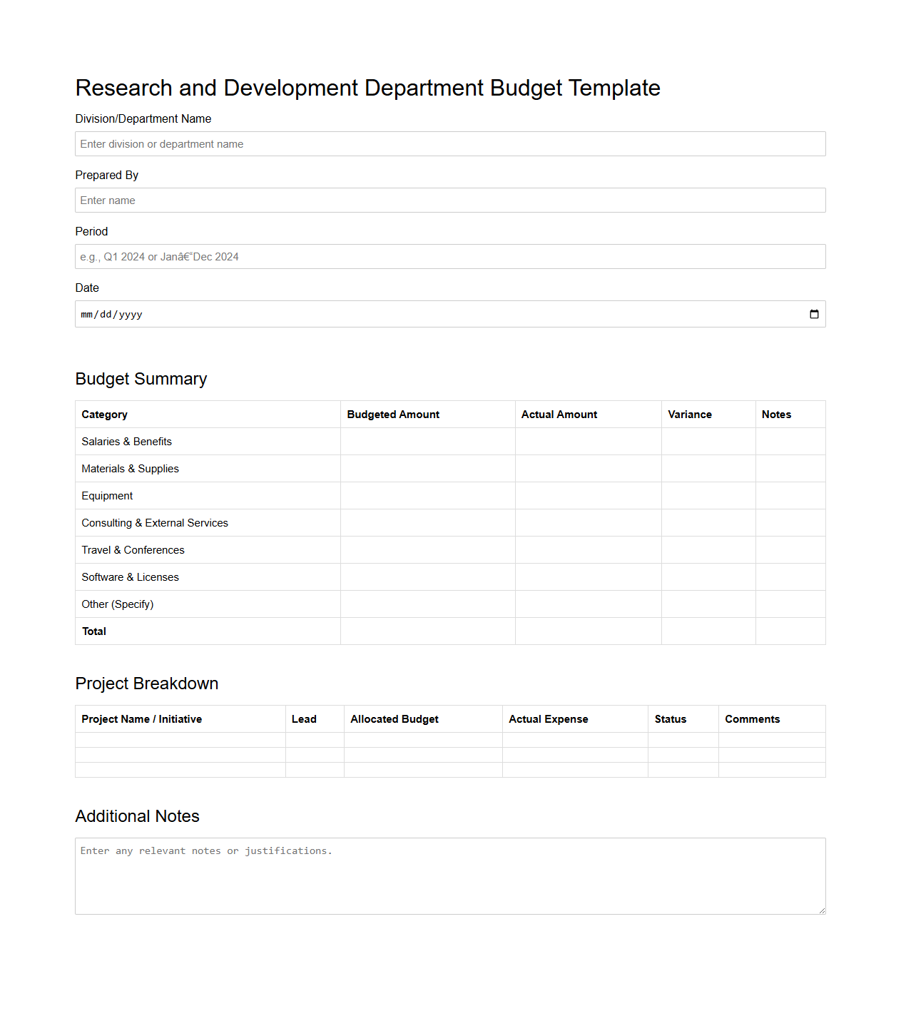 Blank Research and Development Department Budget Template for Corporate Divisions