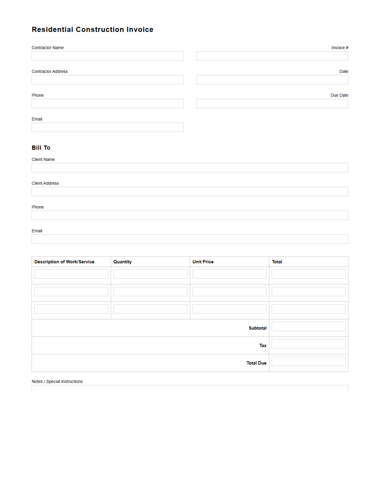 Blank Residential Construction Invoice Template