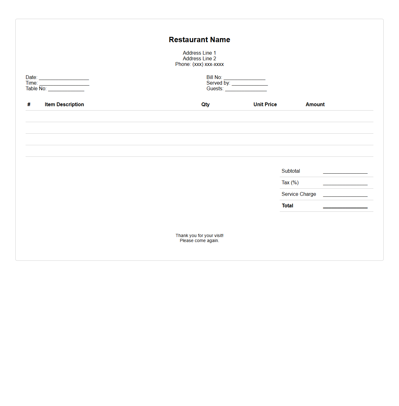 Blank Restaurant Bill Receipt Template