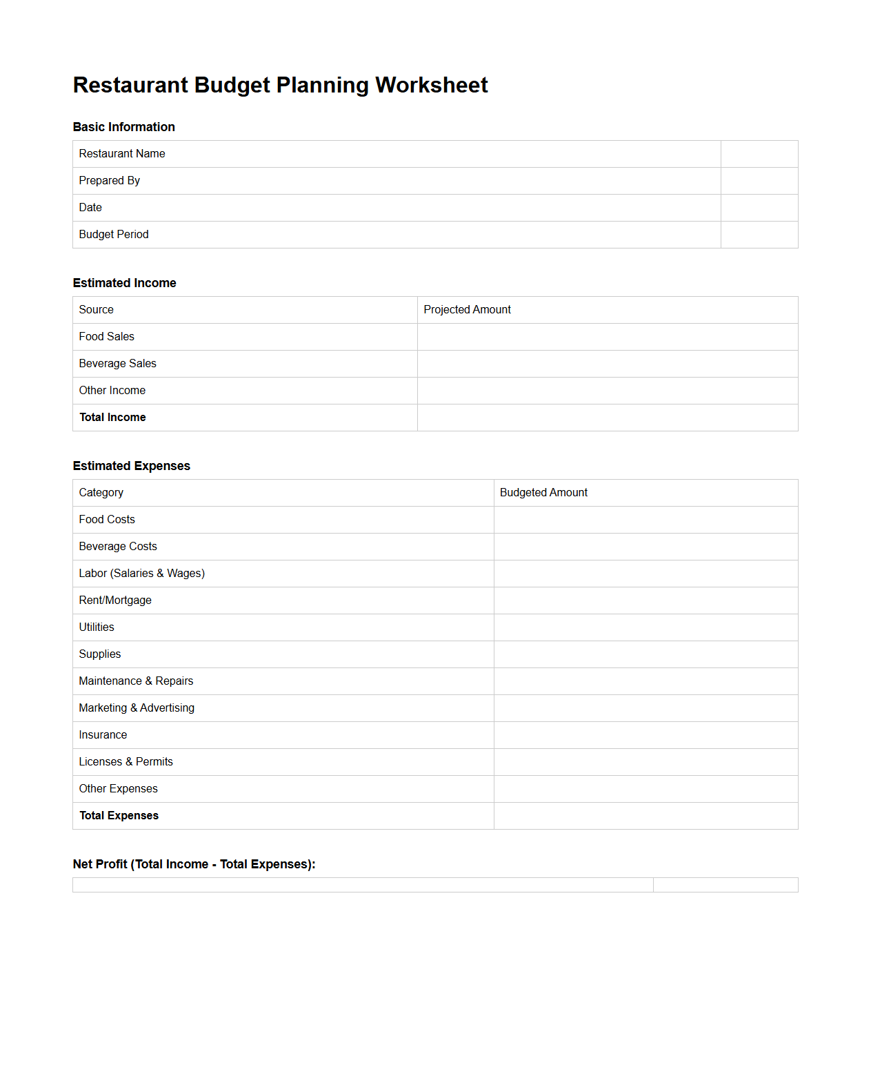 Blank Restaurant Budget Planning Worksheet