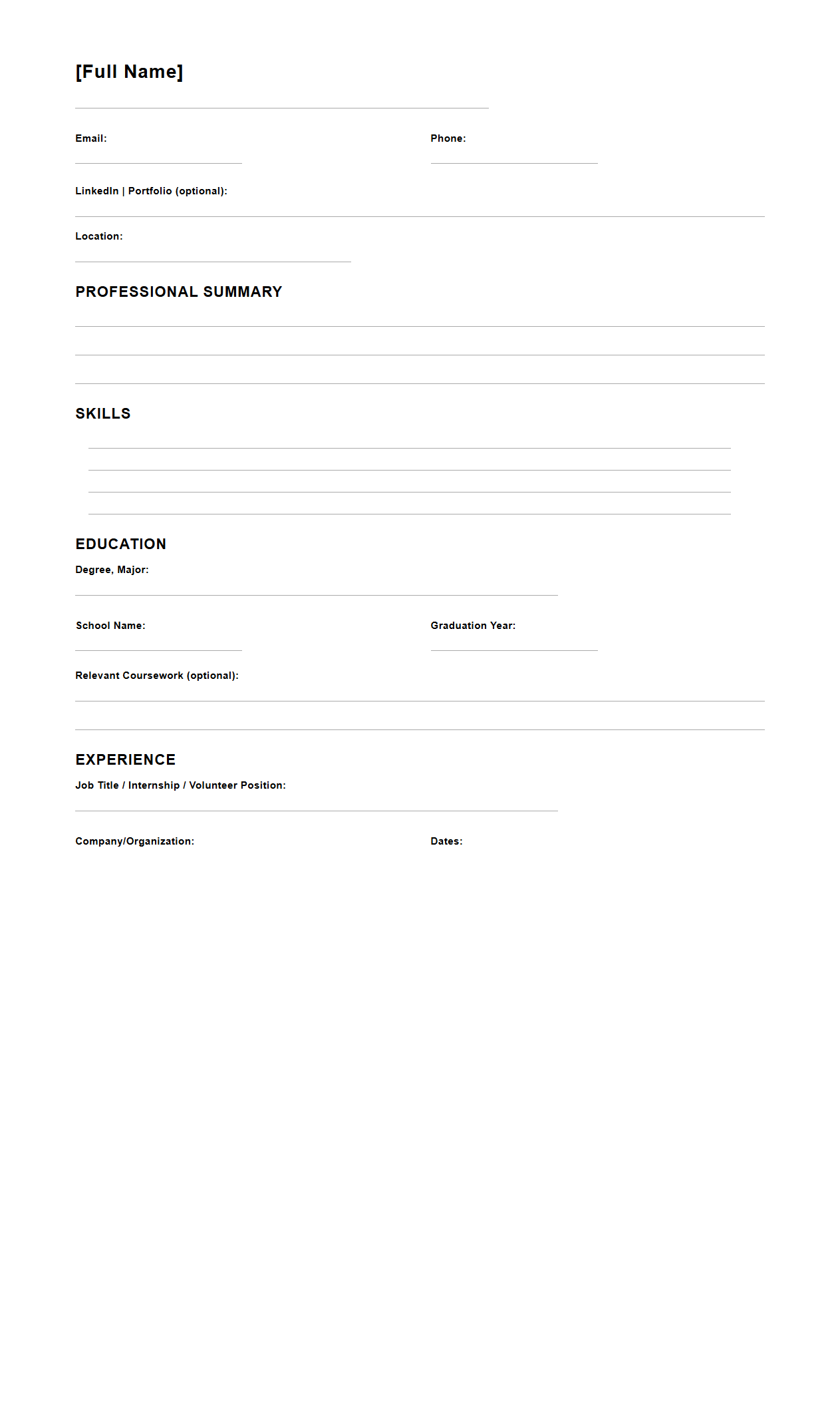 Blank Resume Sheet for Entry-Level Marketers