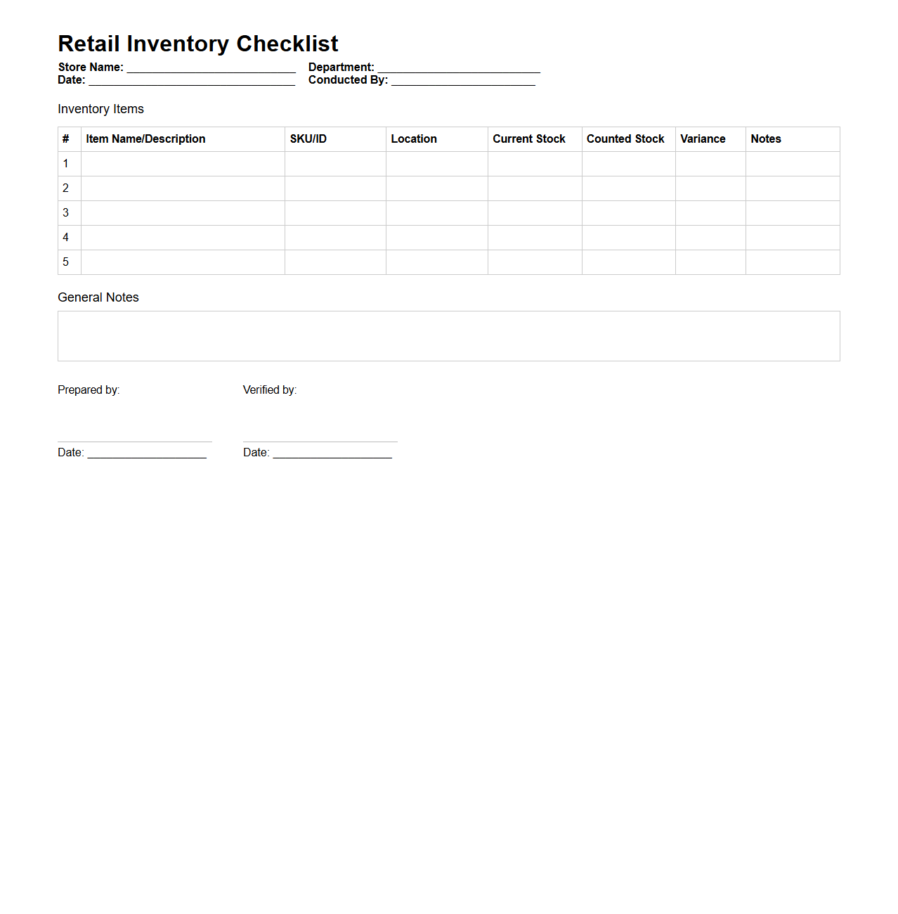 Blank Retail Inventory Checklist Template for Store Operations