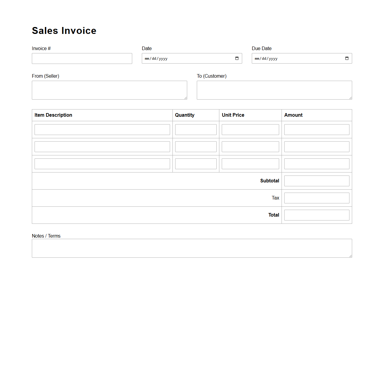 Blank Sales Invoice Form for Small Businesses