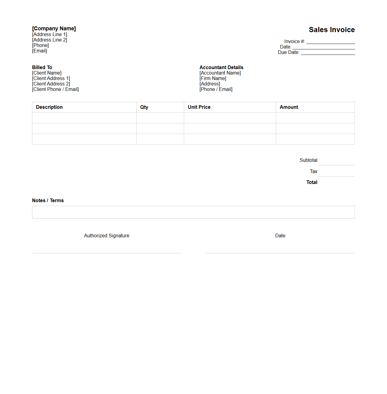 Blank Sales Invoice Template for Accountants