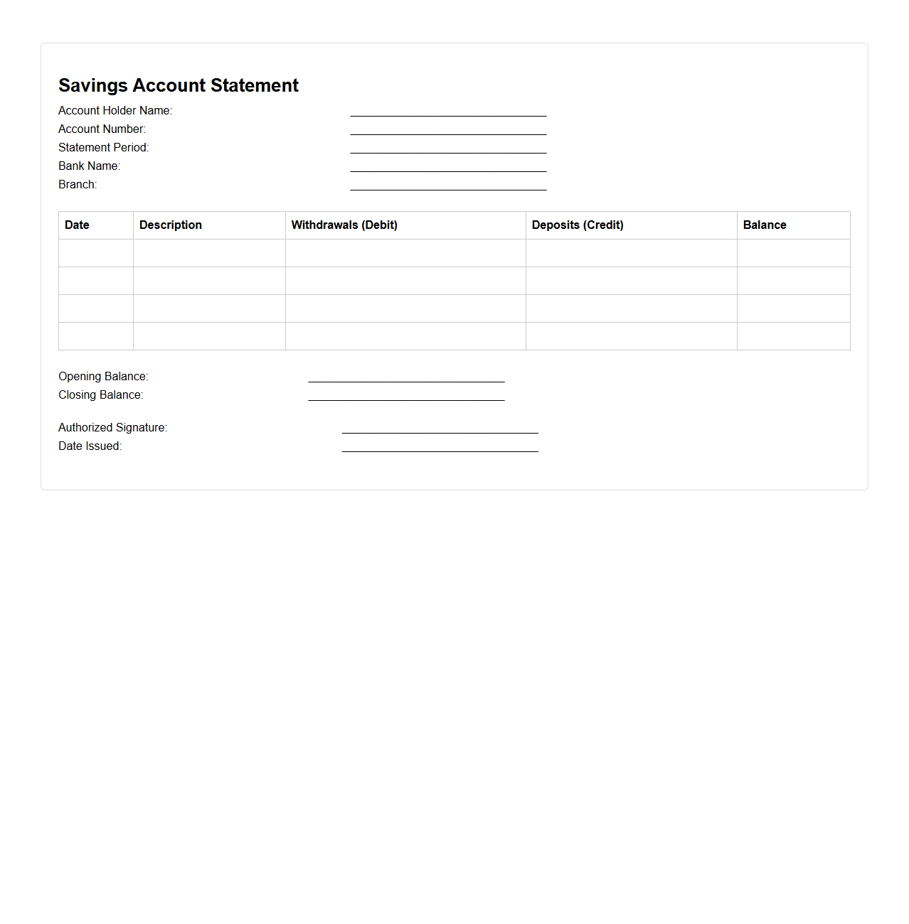 Blank Savings Account Statement Template