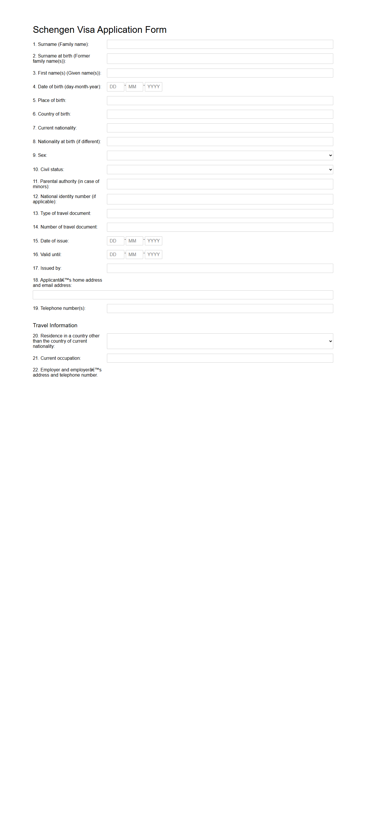 Blank Schengen Visa Application Form Example