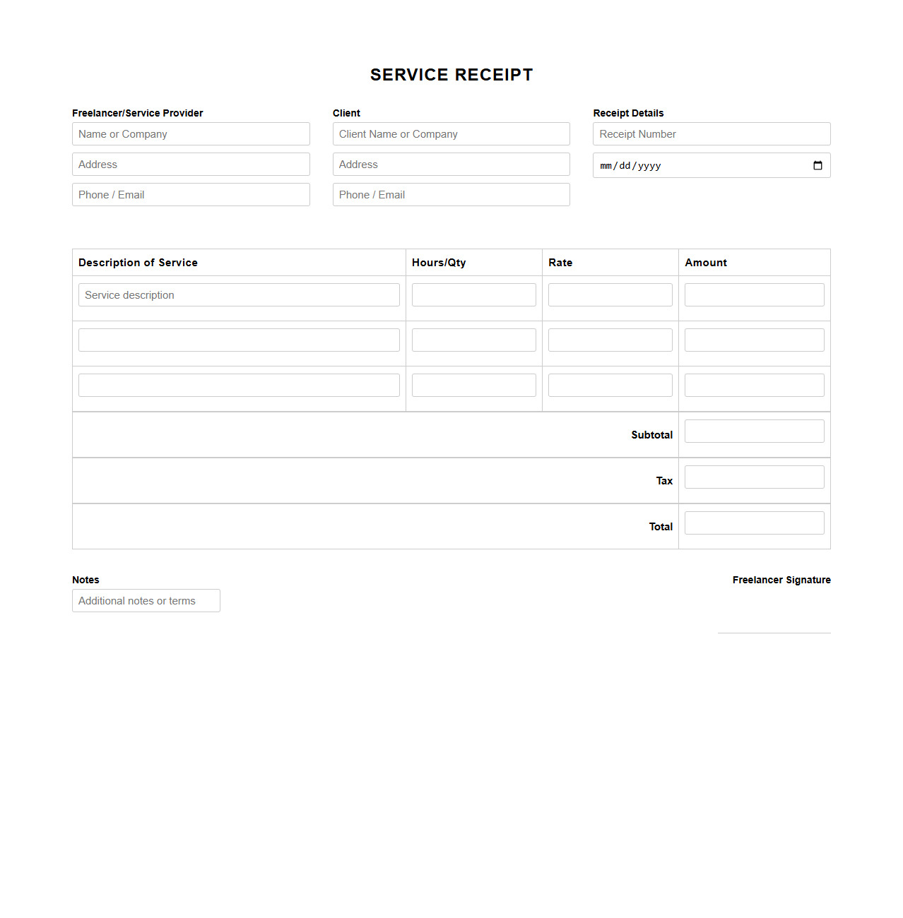 Blank Service Receipt Template for Freelance Services
