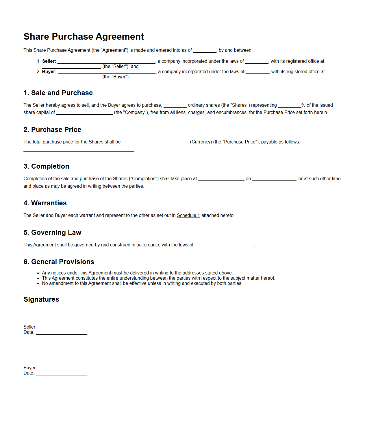 Blank Share Purchase Agreement Template for Company Sale