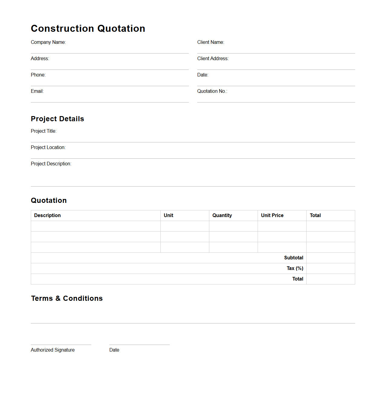 Blank Small Project Construction Quotation Template