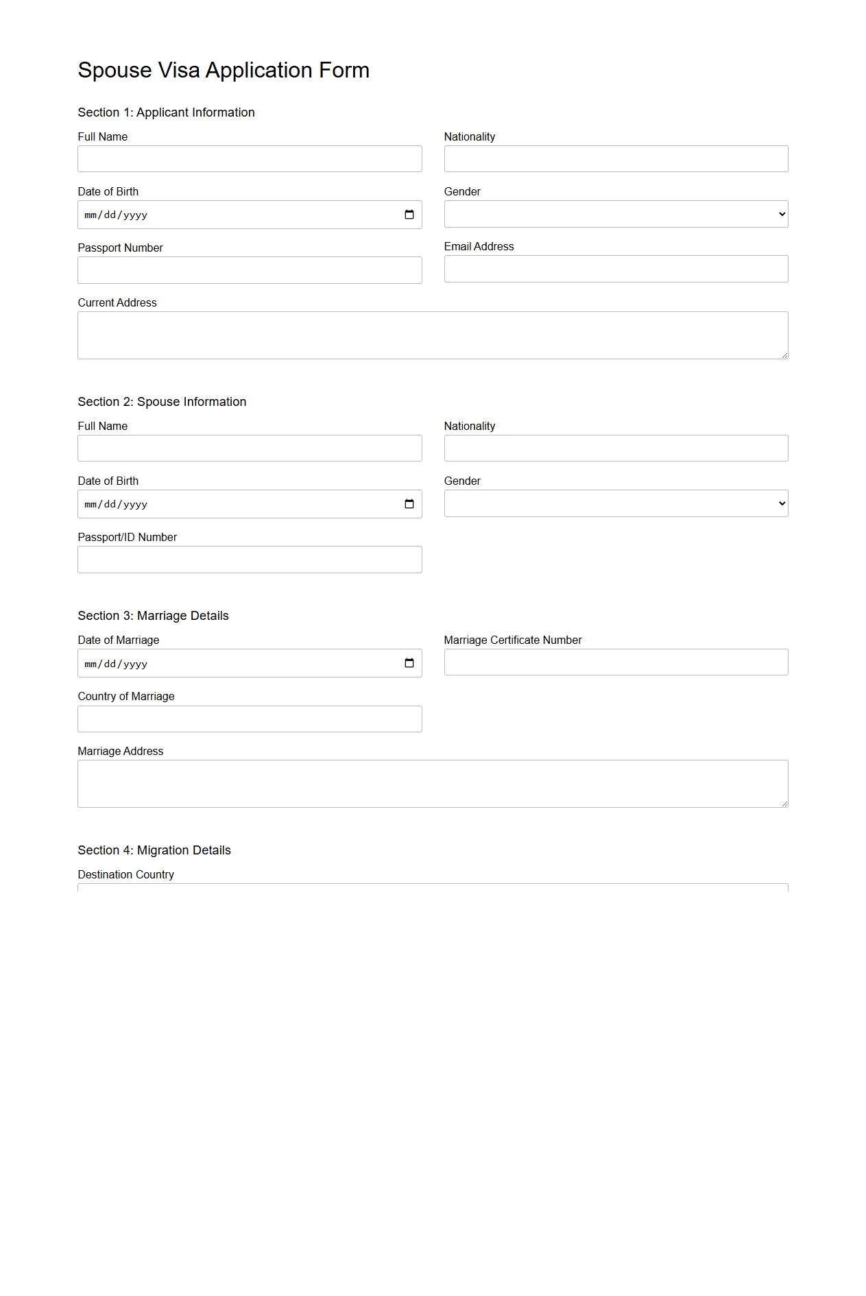 Blank Spouse Visa Application Form for Marriage Migration